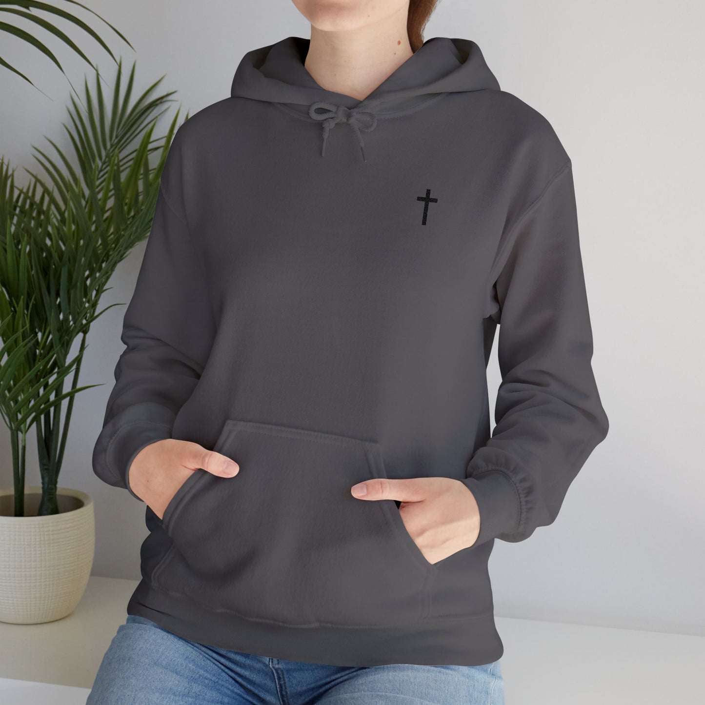Unisex Embroidered Black Cross Hooded Sweatshirt (Gildan Product)