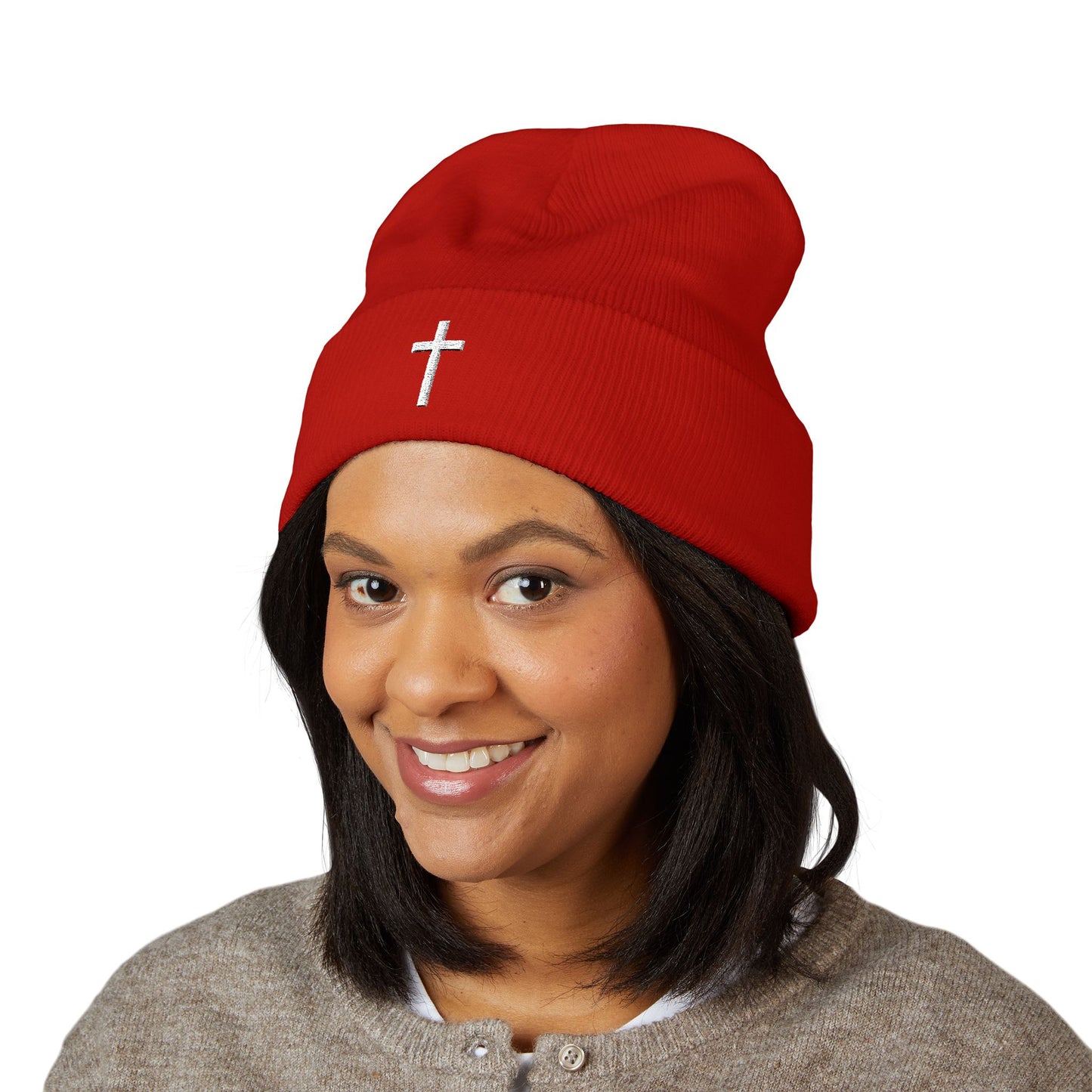 Classic White Cross Cuffed Beanie (Embroidery)