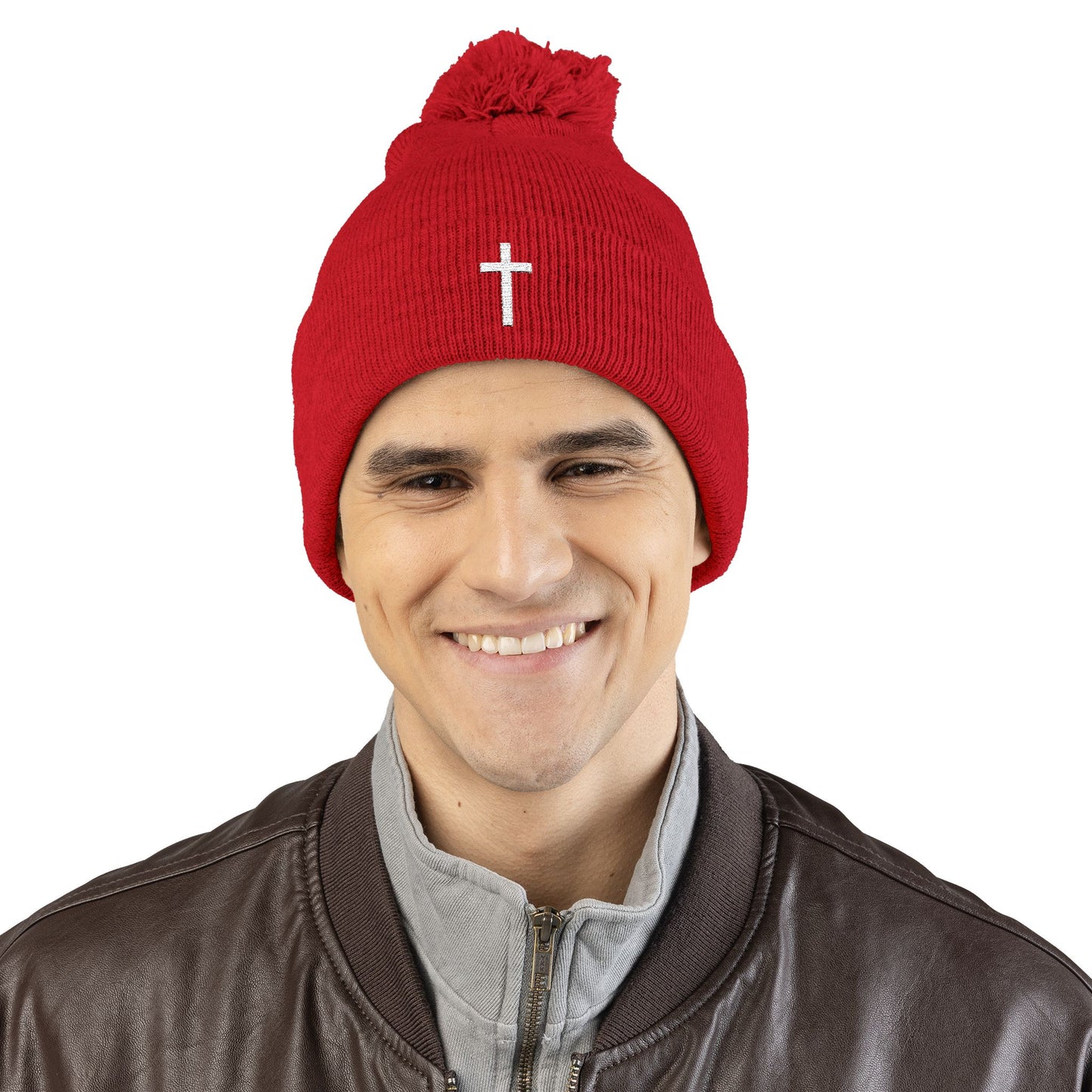 Pom-Pom White Cross Knit Cap (Embroidery)