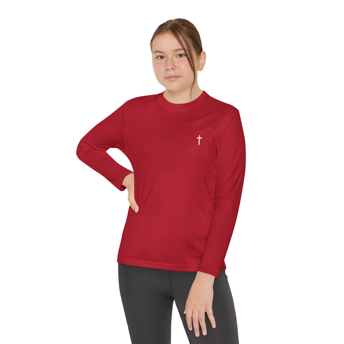 Youth long sleeve Sport-Tek with White Cross
