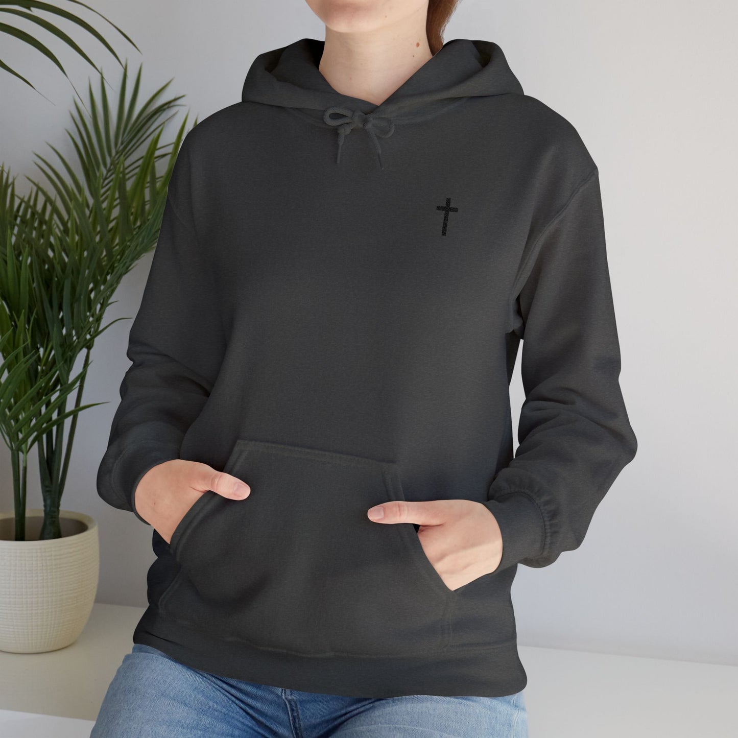 Unisex Embroidered Black Cross Hooded Sweatshirt (Gildan Product)