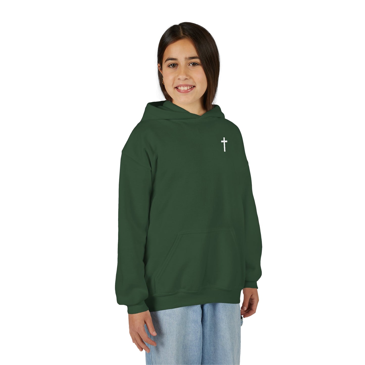 Kids Simple Christian Hooded Sweatshirt with White Cross (Gildan Product)