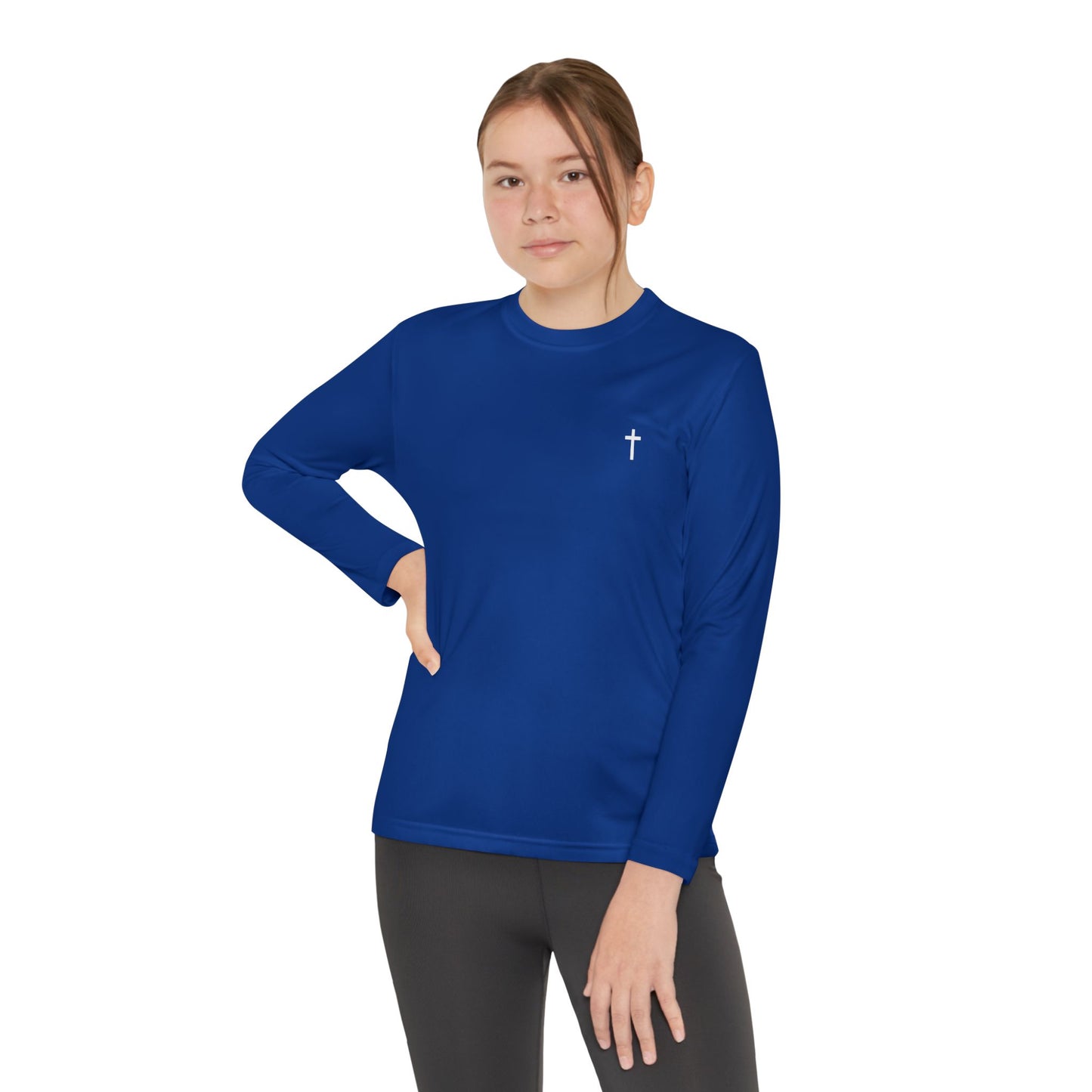 Youth long sleeve Sport-Tek with White Cross
