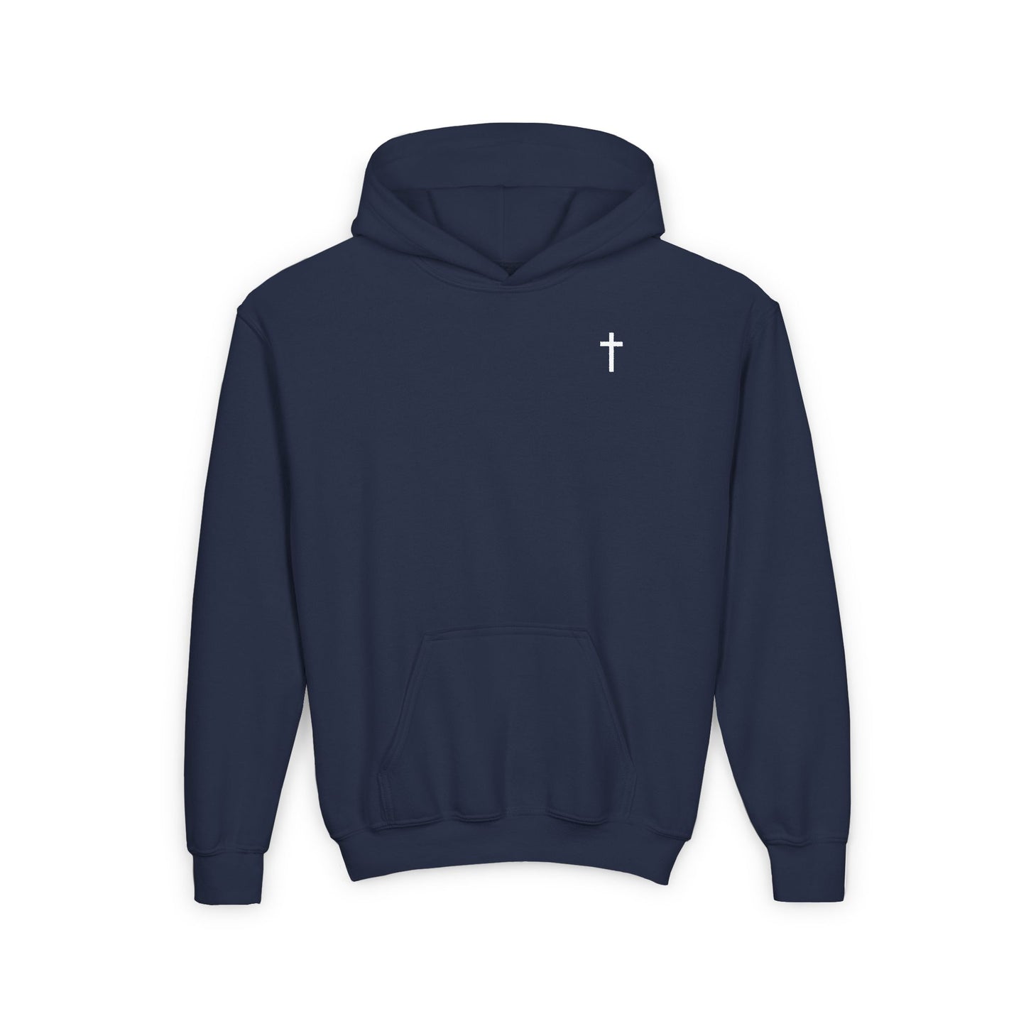 Youth Simple Christian Hooded Sweatshirt with White Cross (Gildan Product)