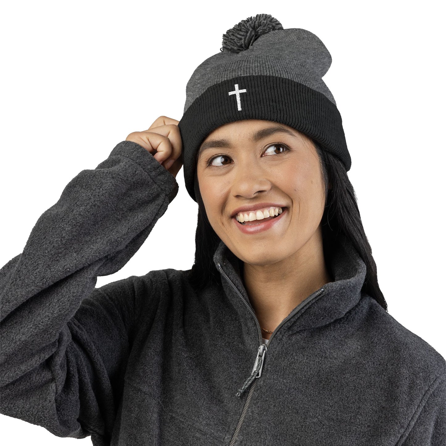 Pom-Pom White Cross Knit Cap (Embroidery)