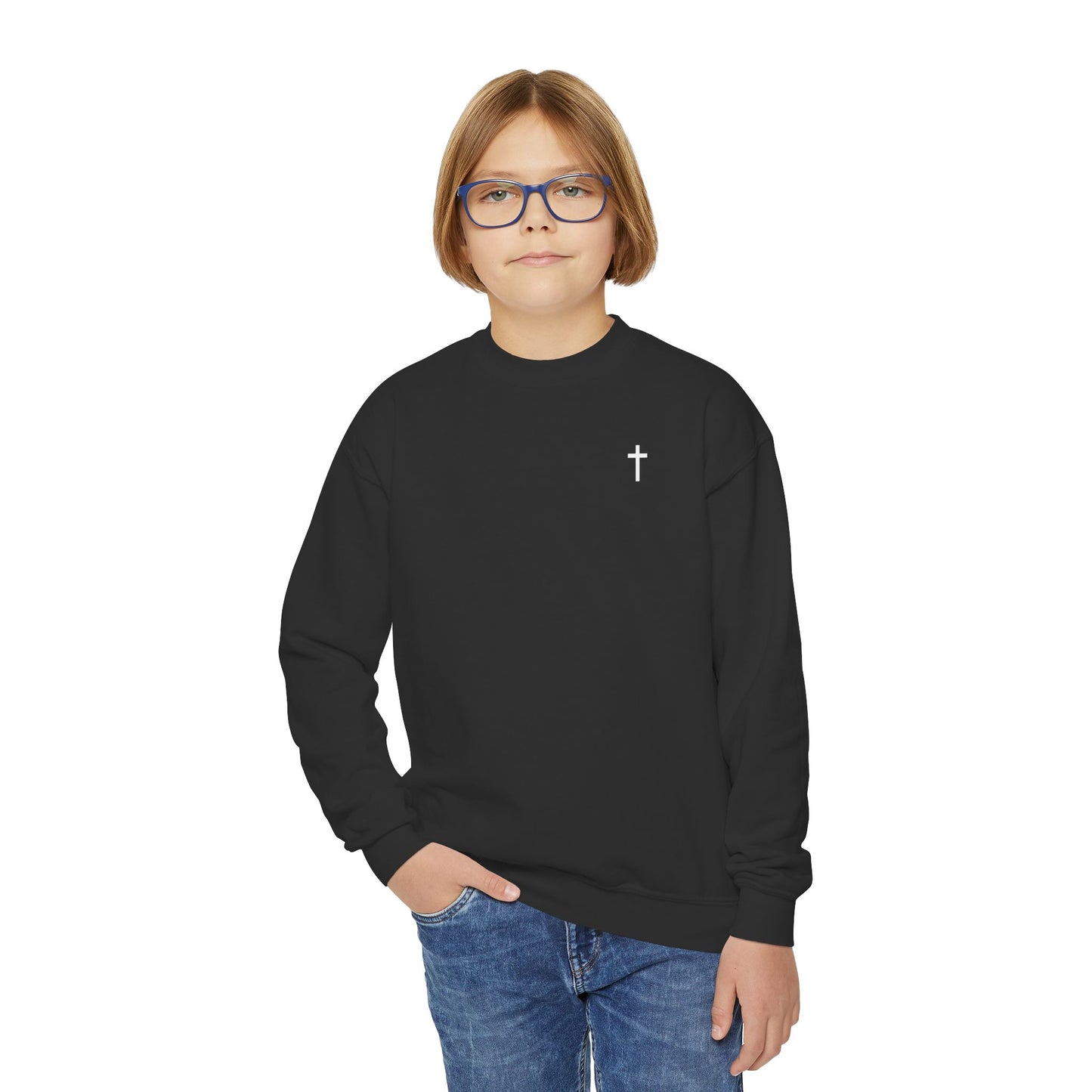 Youth Simple Christian Crewneck Sweatshirt with White Cross (Gildan Product)