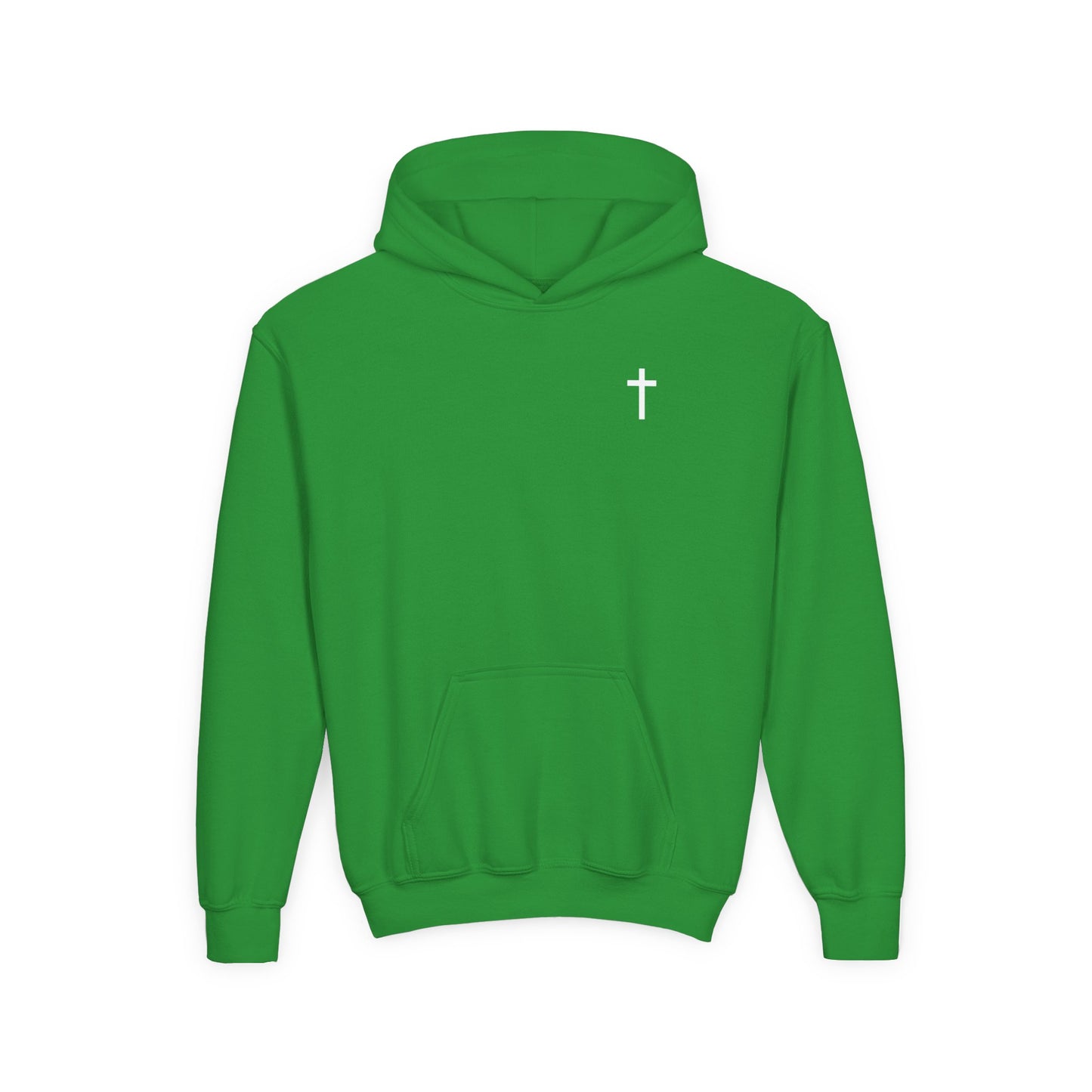 Kids Simple Christian Hooded Sweatshirt with White Cross (Gildan Product)