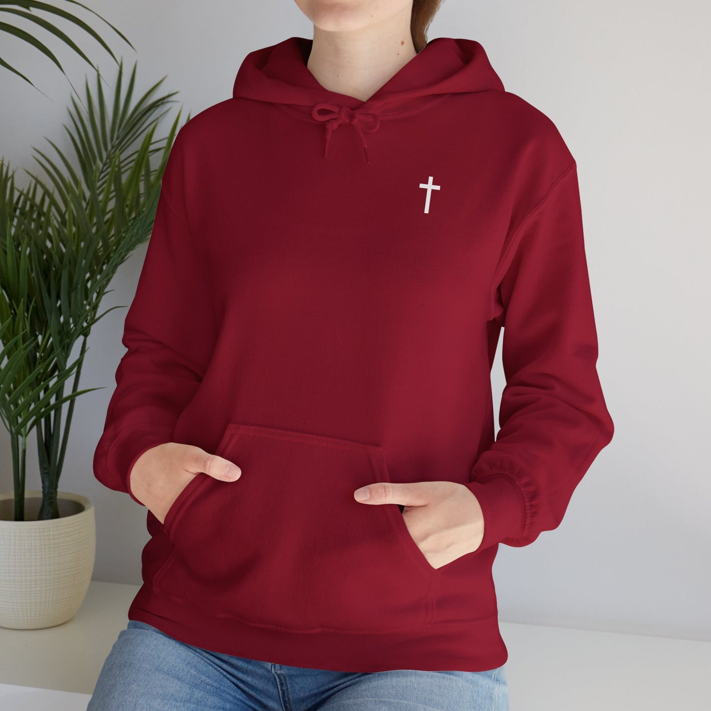 Unisex Christian Hooded Sweatshirt with White Cross (Gildan Product)
