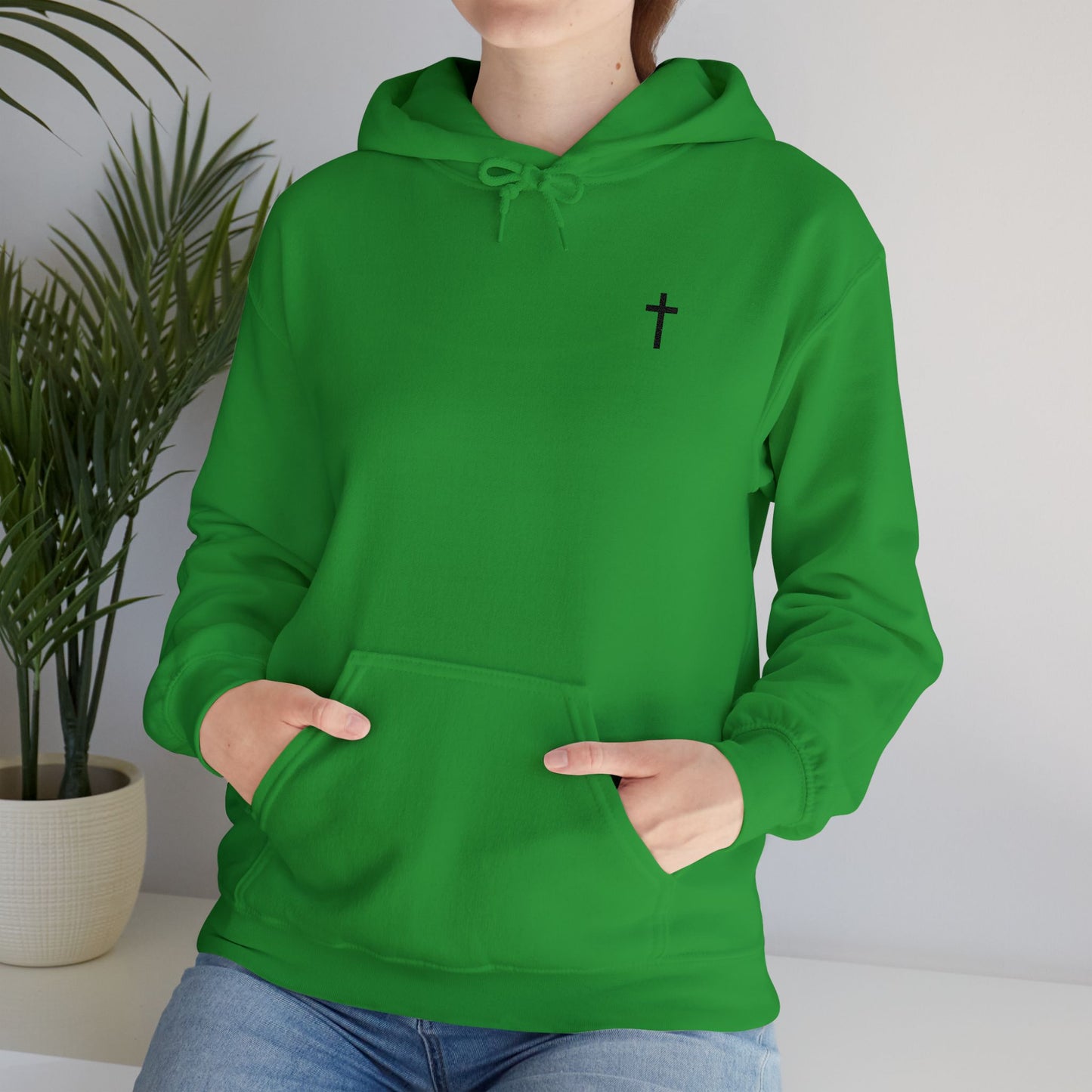 Unisex Embroidered Black Cross Hooded Sweatshirt (Gildan Product)