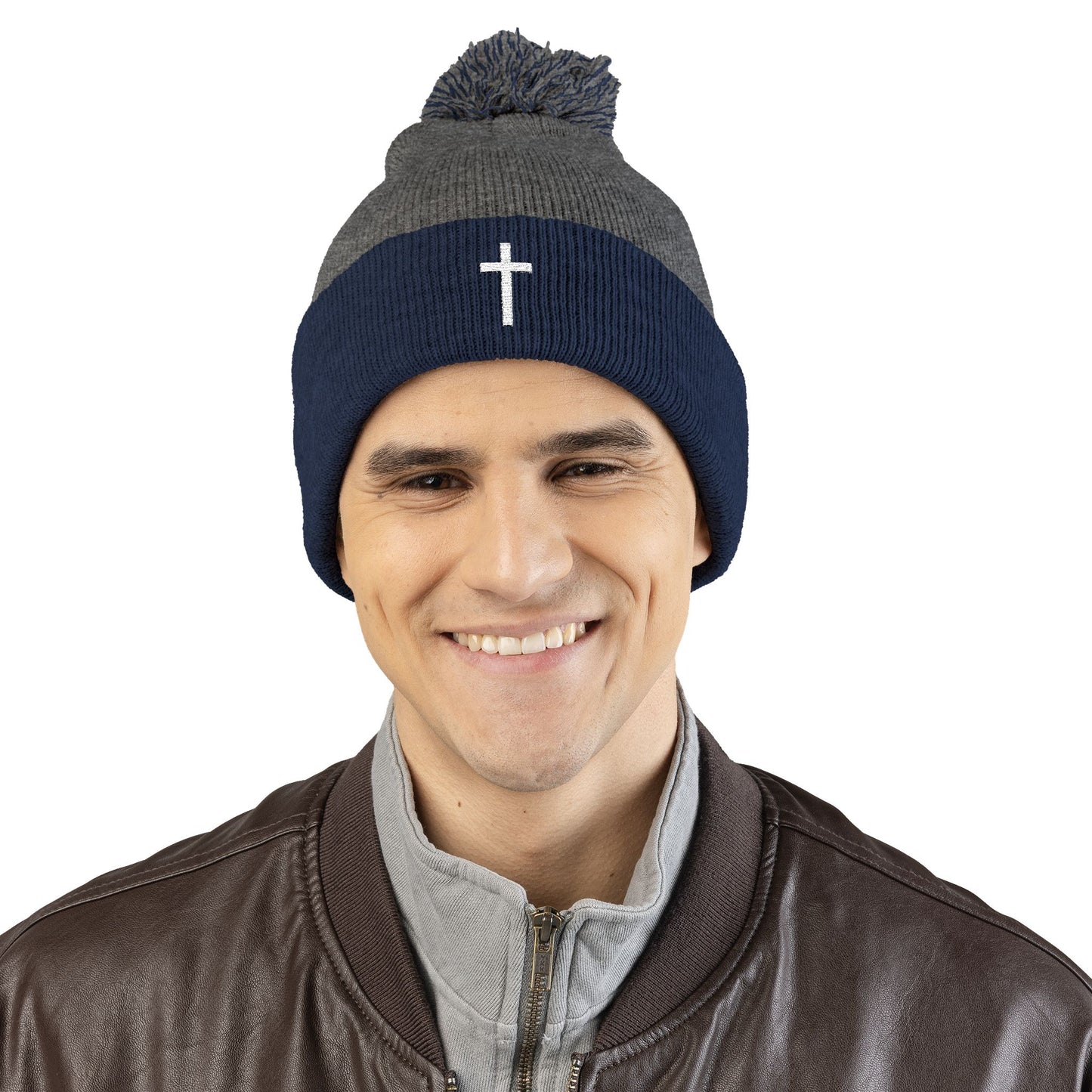 Pom-Pom White Cross Knit Cap (Embroidery)