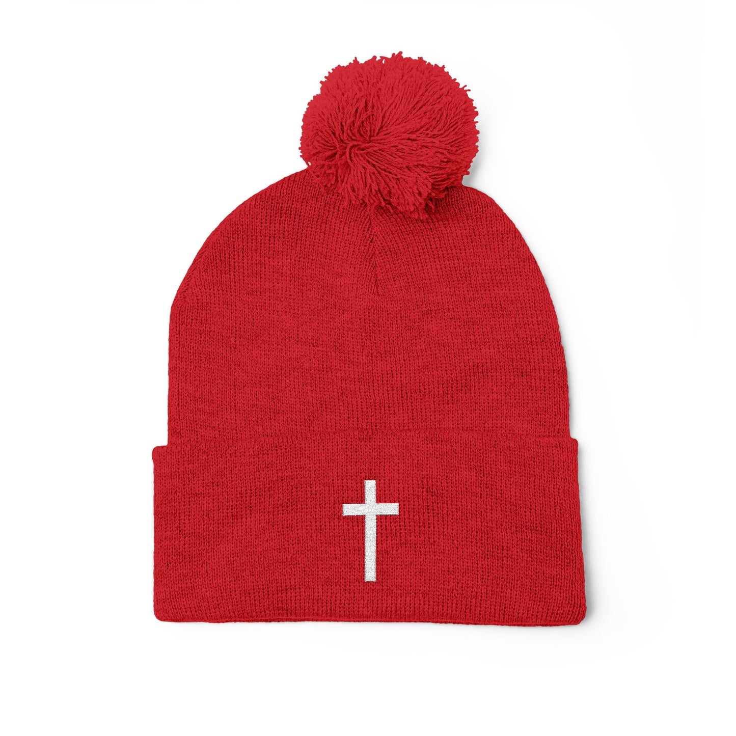 Pom-Pom White Cross Knit Cap (Embroidery)
