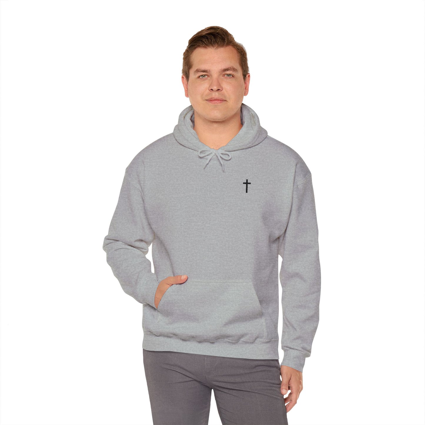 Unisex Embroidered Black Cross Hooded Sweatshirt (Gildan Product)