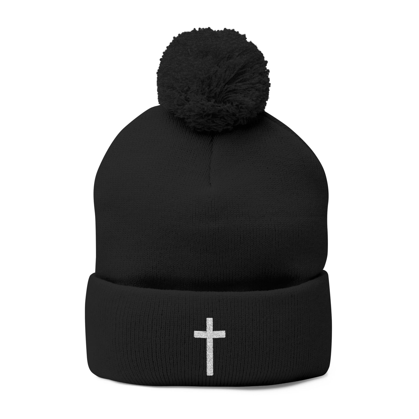 Pom-Pom White Cross Knit Cap (Embroidery)