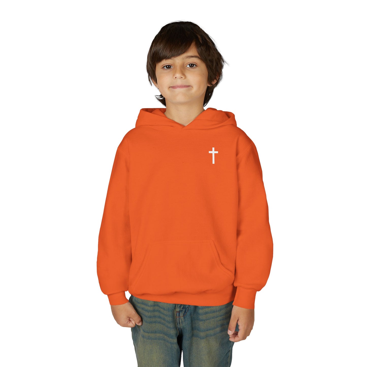 Kids Simple Christian Hooded Sweatshirt with White Cross (Gildan Product)