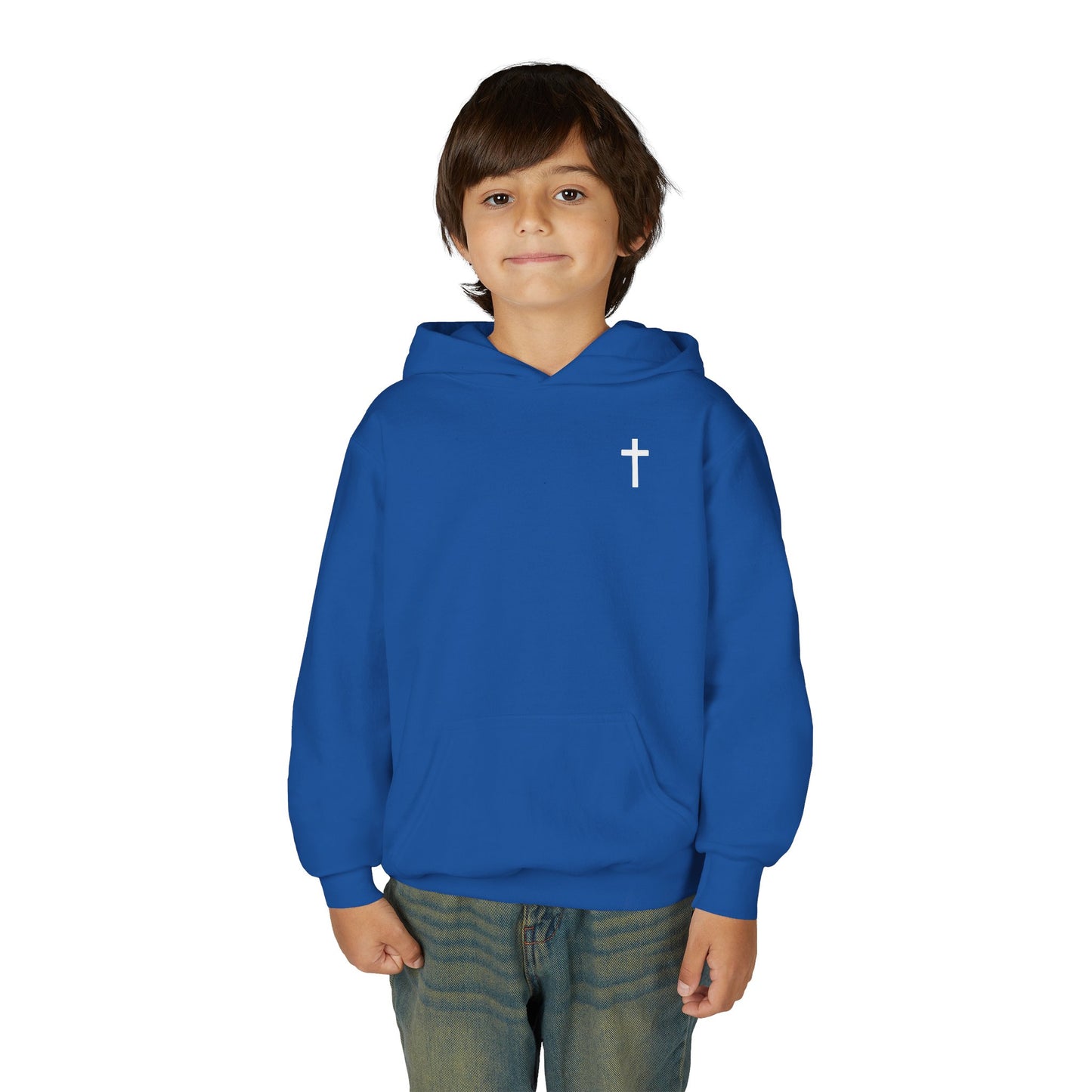 Kids Simple Christian Hooded Sweatshirt with White Cross (Gildan Product)