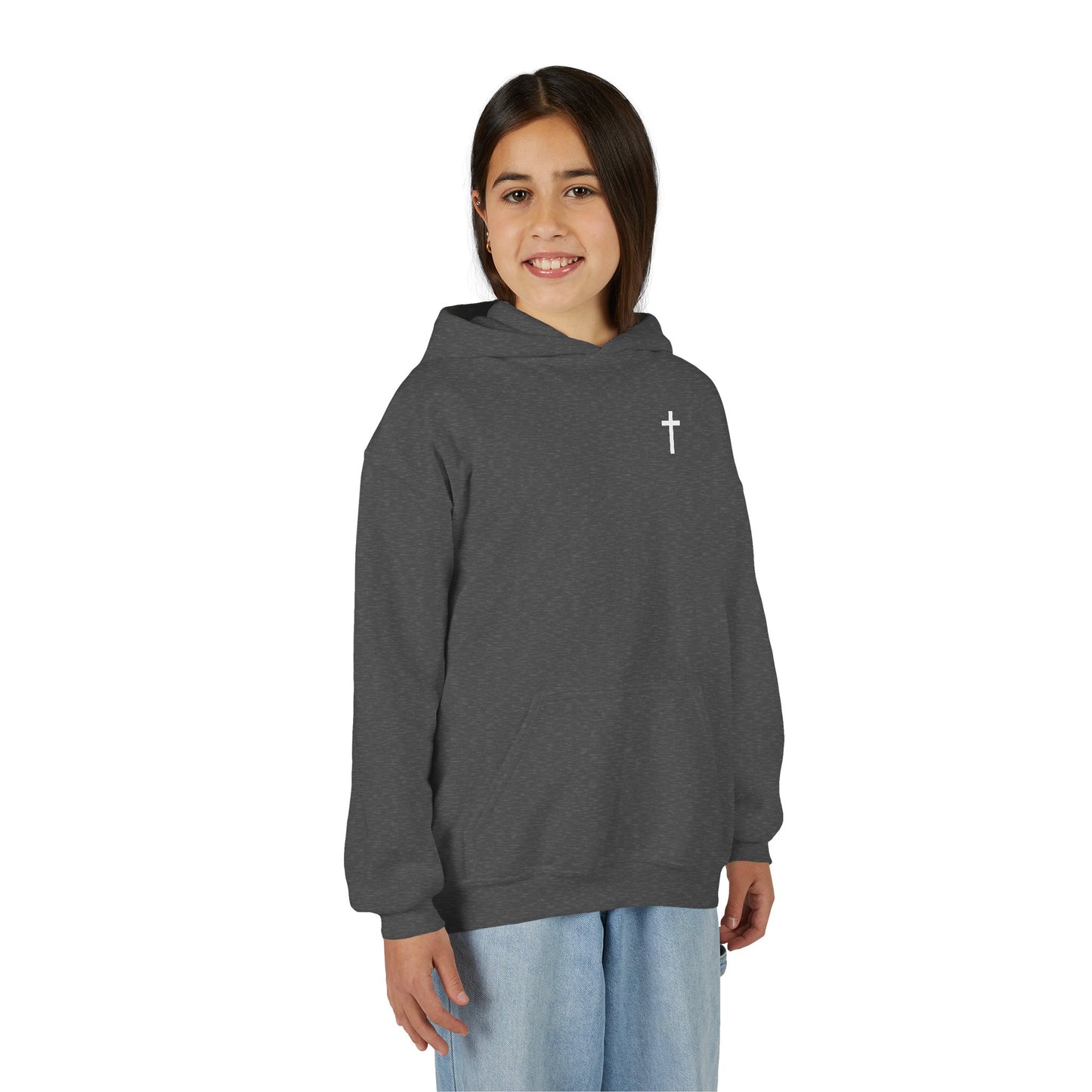 Kids Simple Christian Hooded Sweatshirt with White Cross (Gildan Product)
