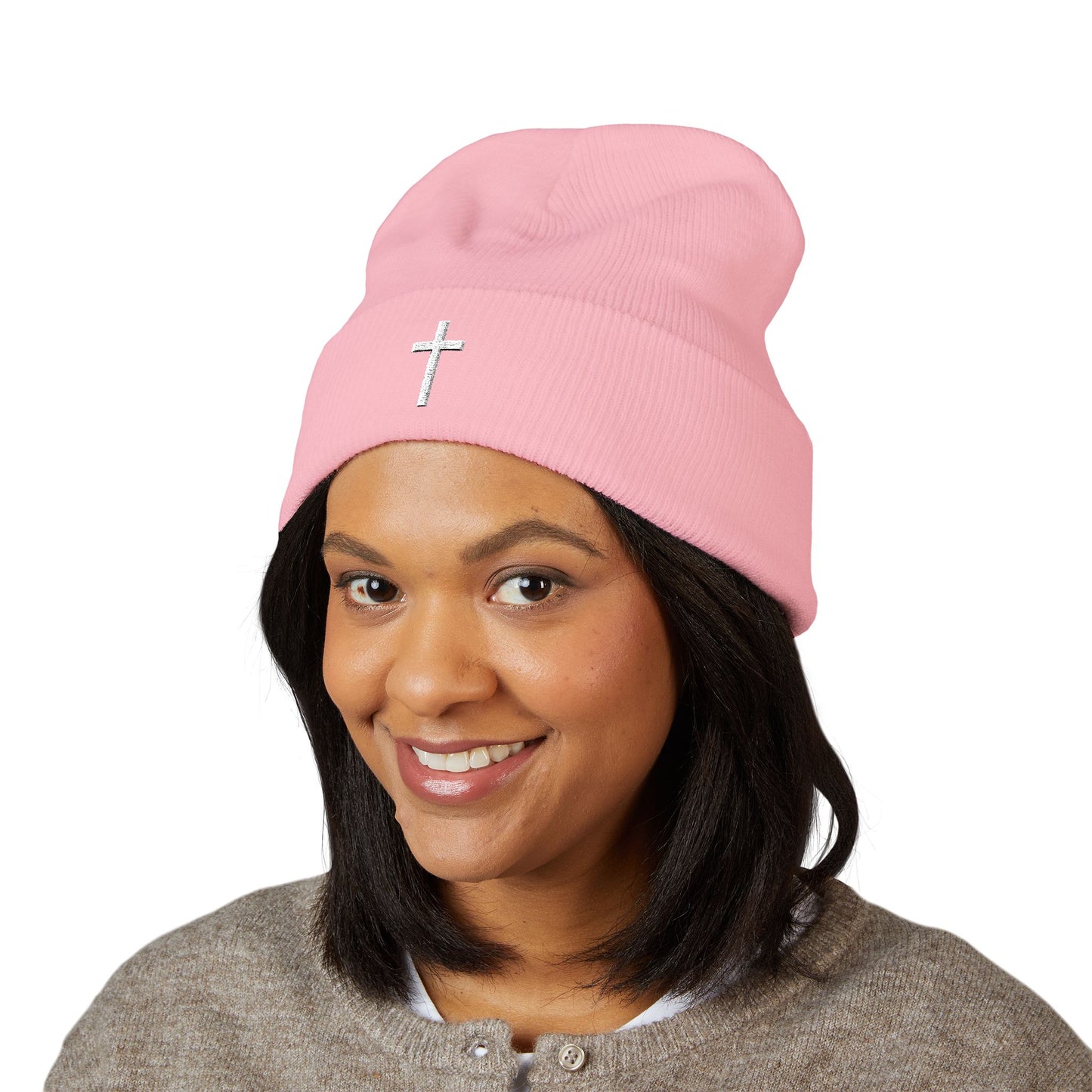 Classic White Cross Cuffed Beanie (Embroidery)