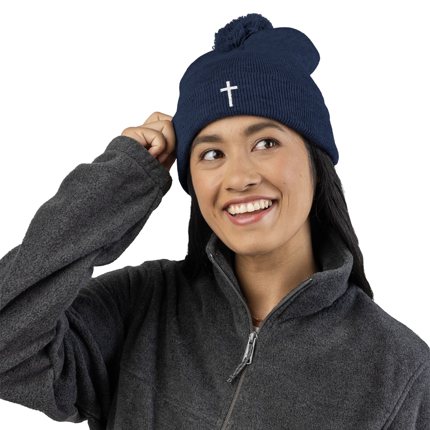 Pom-Pom White Cross Knit Cap (Embroidery)