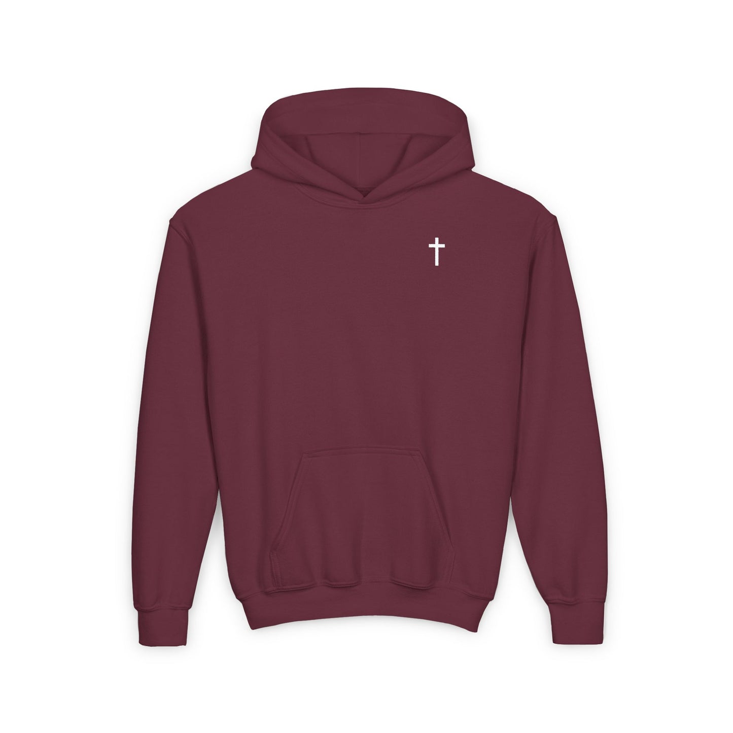 Youth Simple Christian Hooded Sweatshirt with White Cross (Gildan Product)