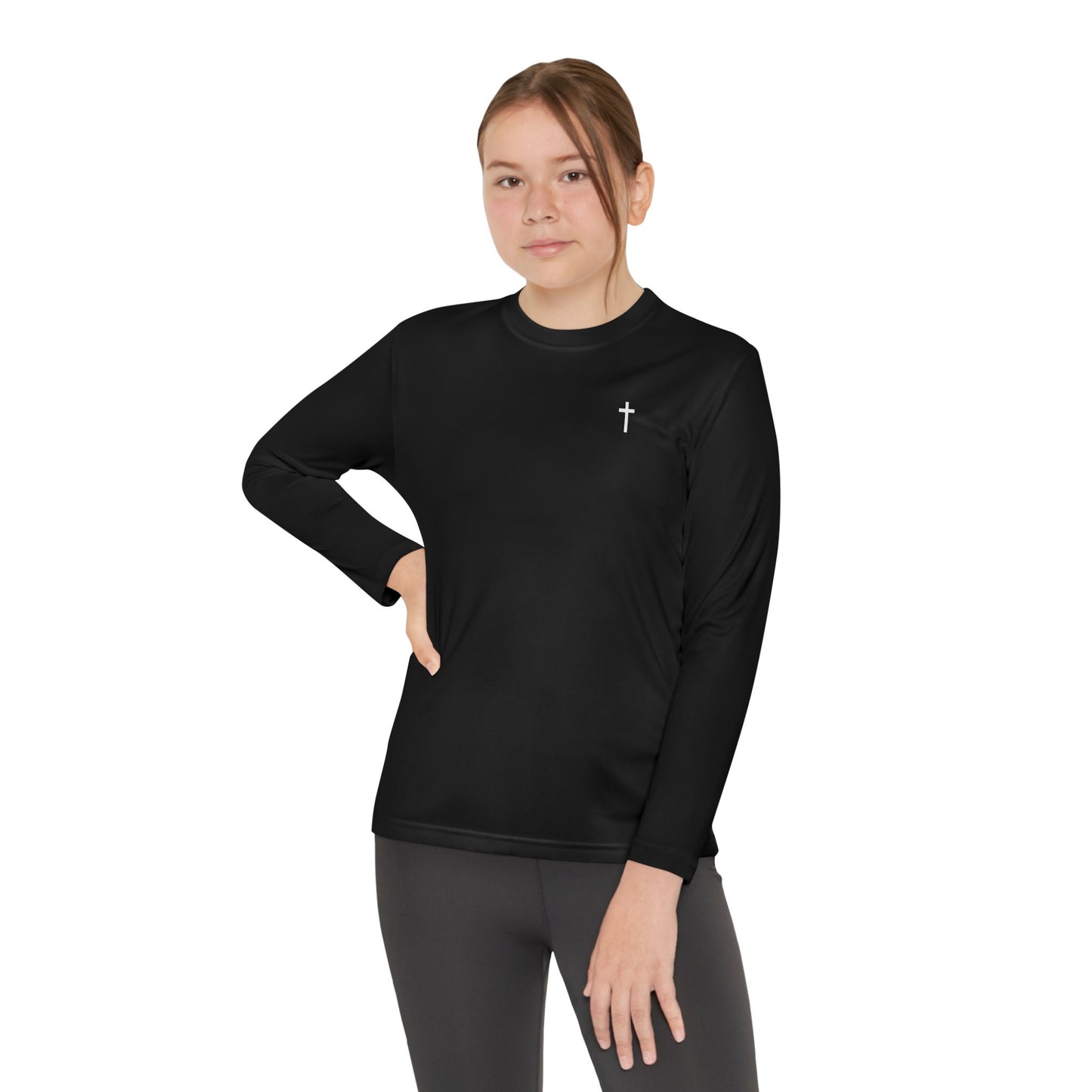 Youth Long Sleeve 100% Moisture-Wicking Shirt with White Cross