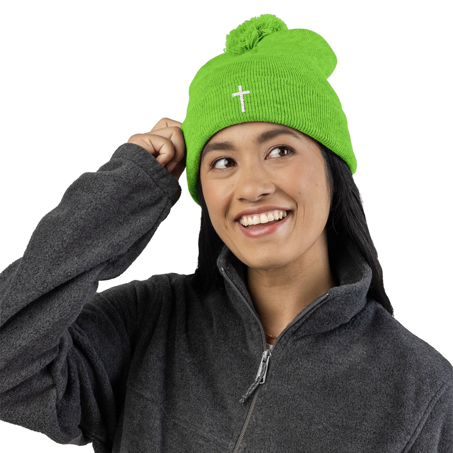 Pom-Pom White Cross Knit Cap (Embroidery)