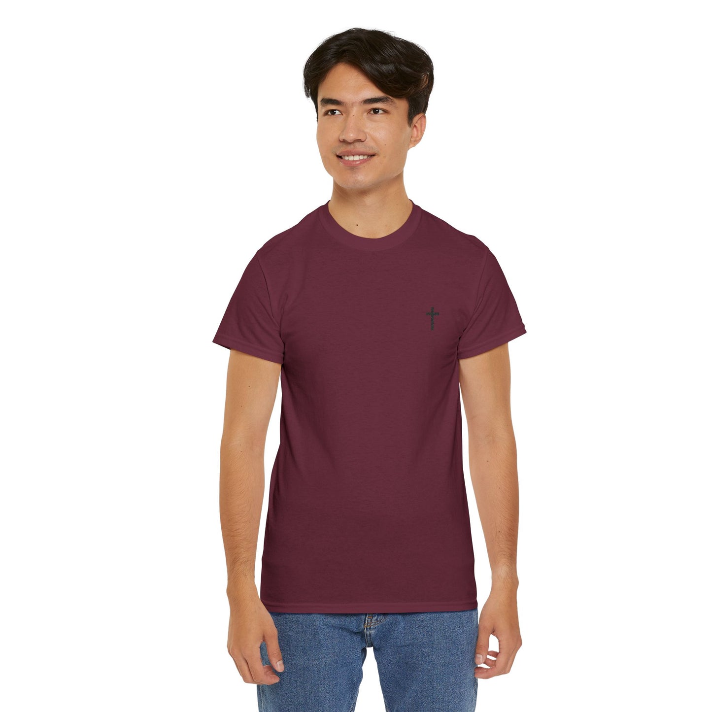 Unisex Heavy Cotton Tee with Black Cross (Embroidered)