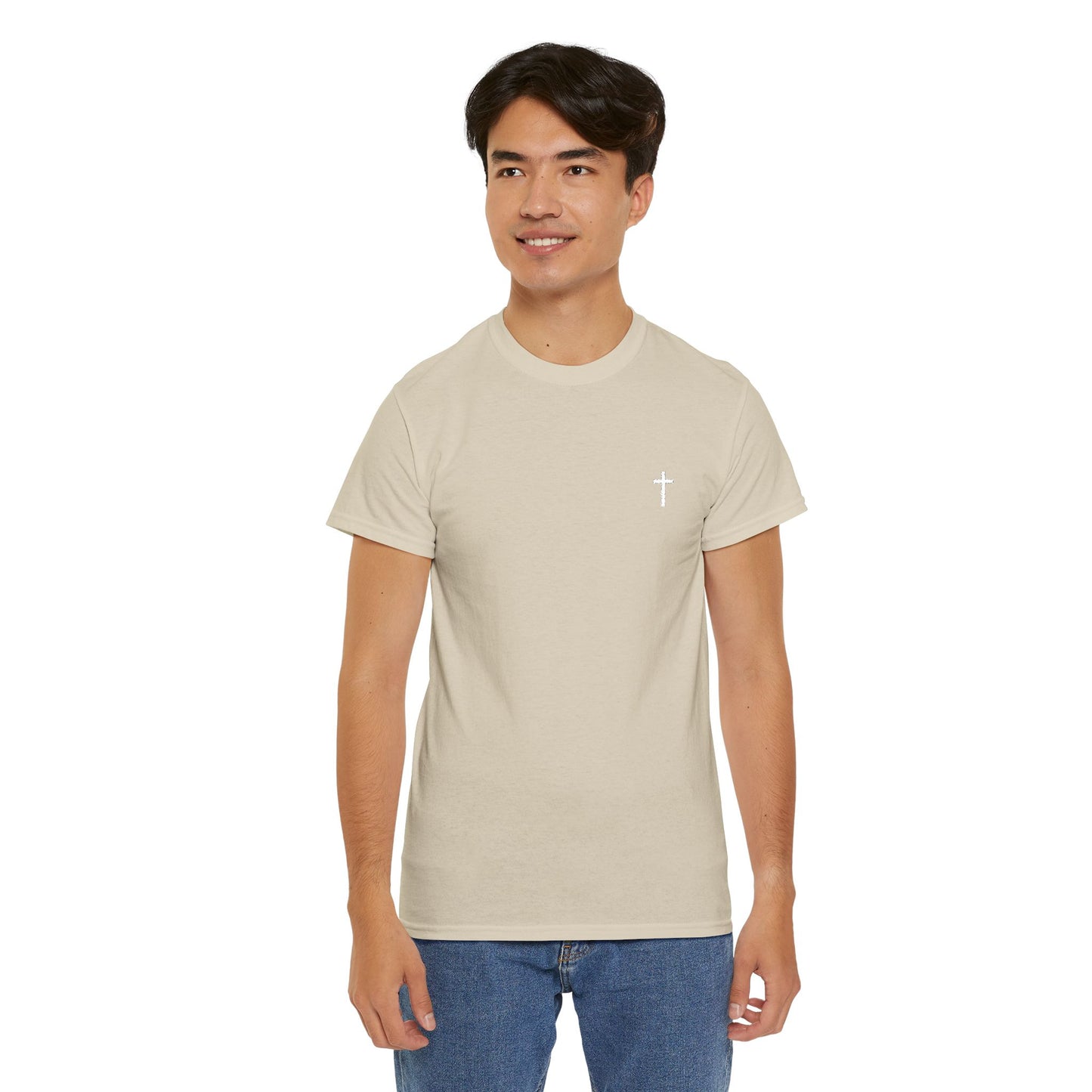 Unisex Heavy Cotton Tee with White Cross (Embroidered)