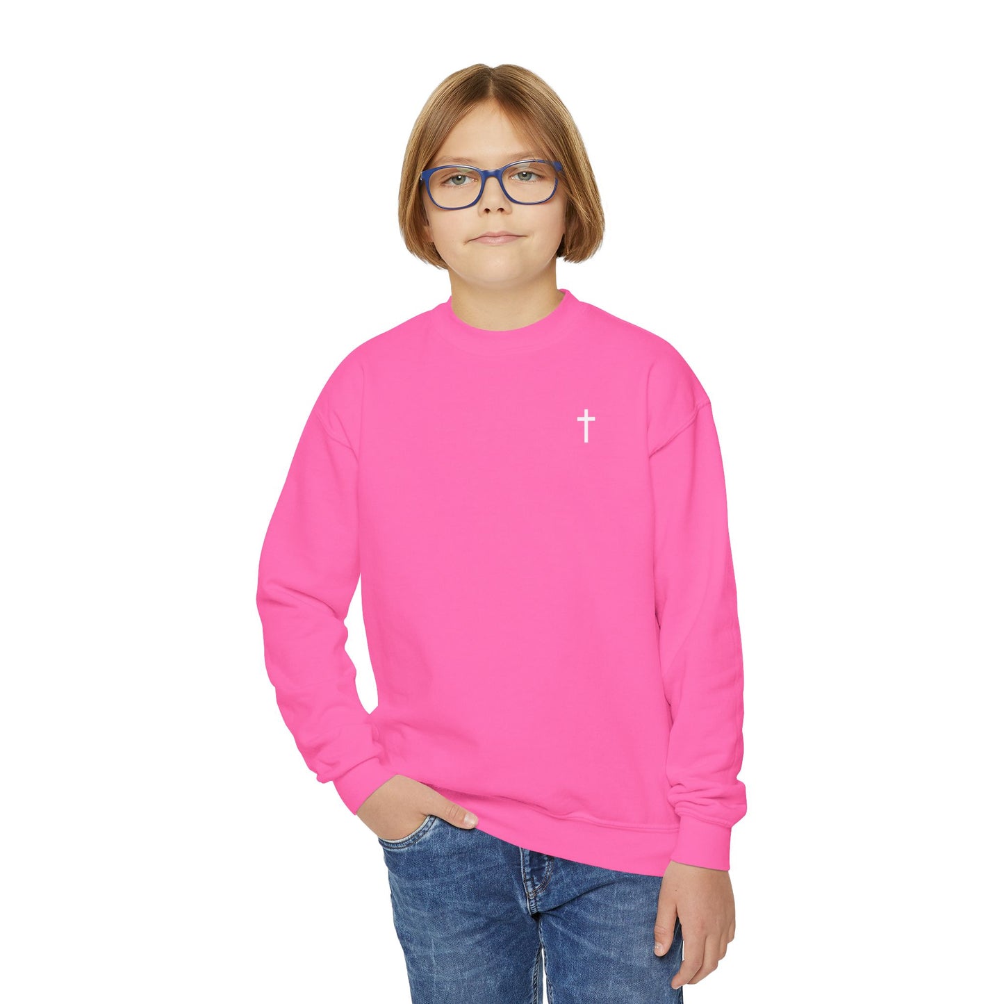 Youth Simple Christian Crewneck Sweatshirt with White Cross (Gildan Product)