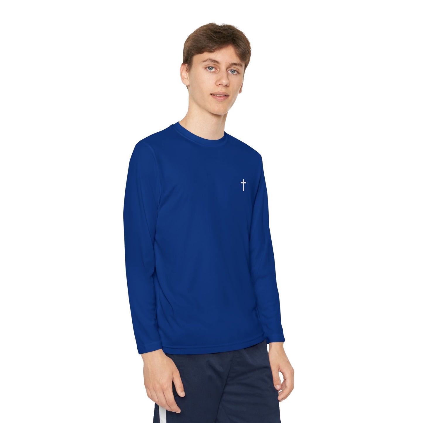 Youth long sleeve Sport-Tek with White Cross