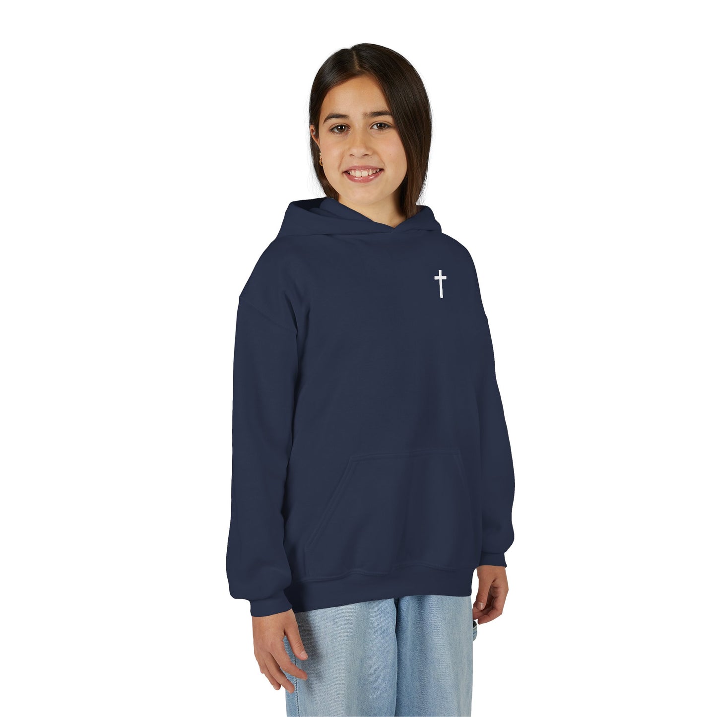 Kids Simple Christian Hooded Sweatshirt with White Cross (Gildan Product)