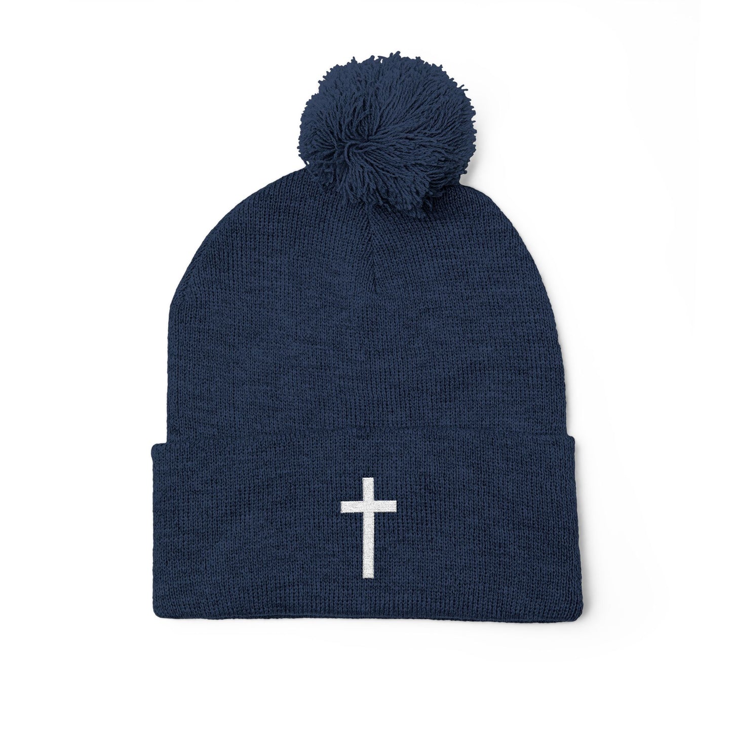 Pom-Pom White Cross Knit Cap (Embroidery)