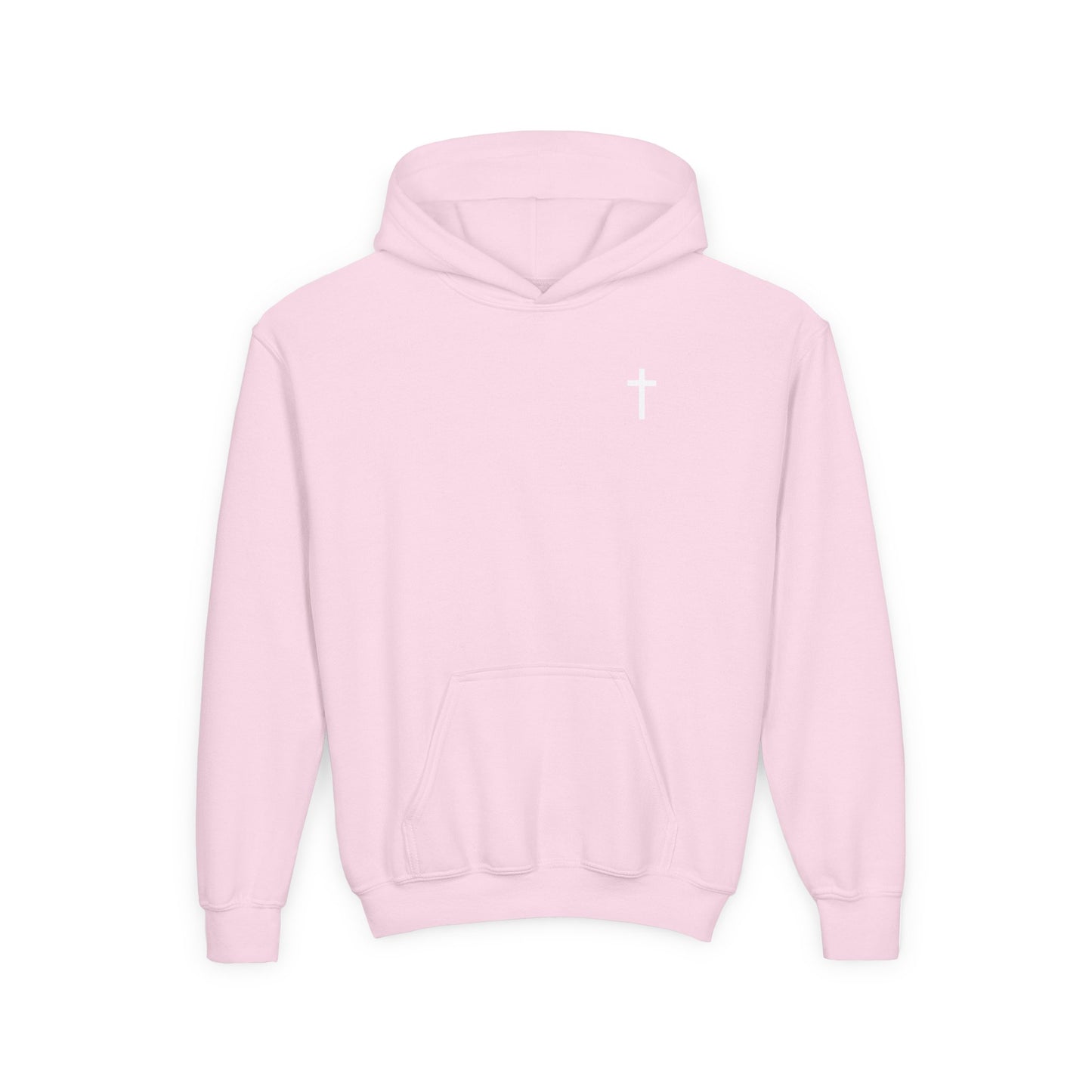 Kids Simple Christian Hooded Sweatshirt with White Cross (Gildan Product)