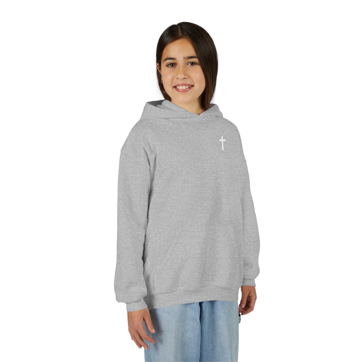 Kids Simple Christian Hooded Sweatshirt with White Cross (Gildan Product)