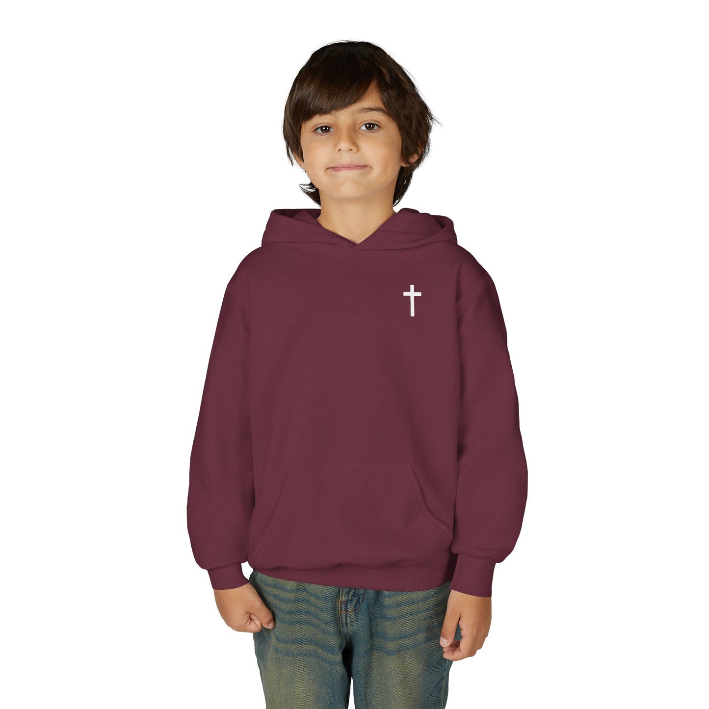 Kids Simple Christian Hooded Sweatshirt with White Cross (Gildan Product)