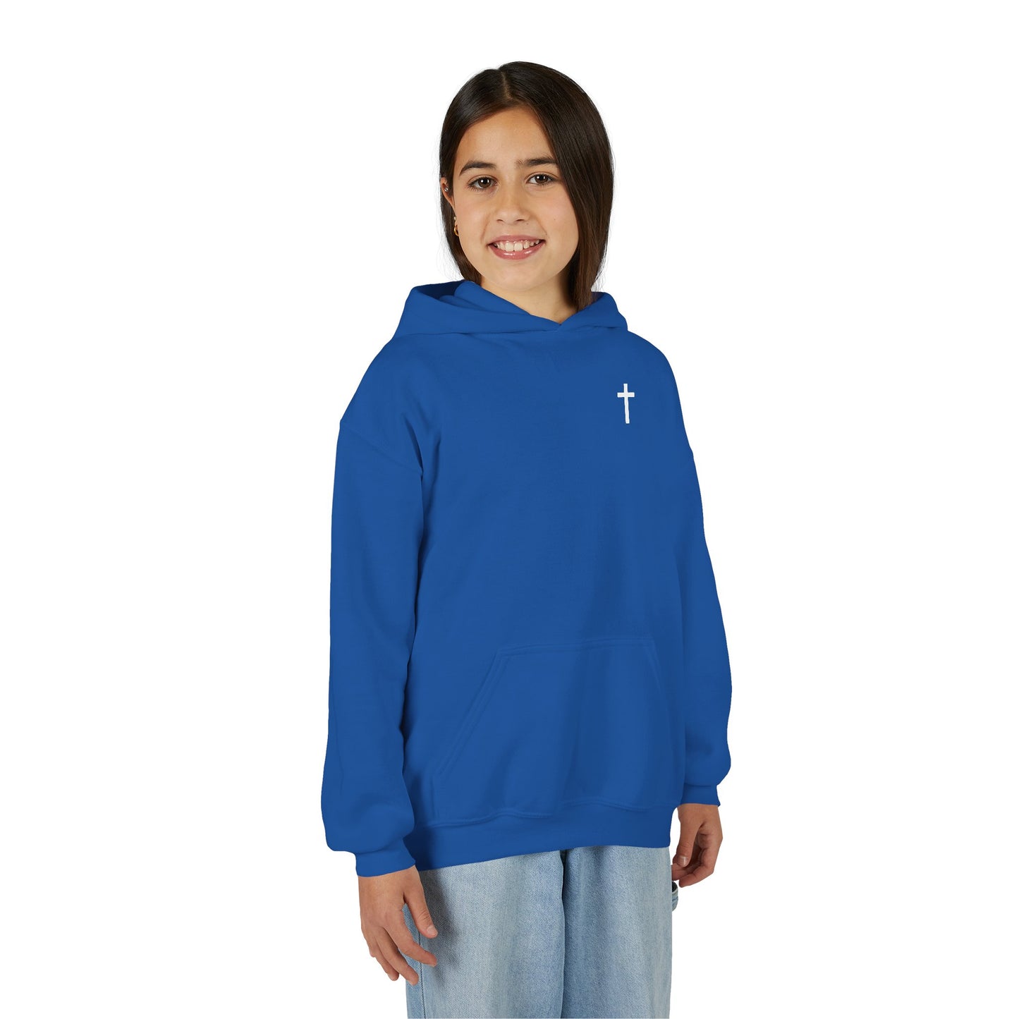 Kids Simple Christian Hooded Sweatshirt with White Cross (Gildan Product)