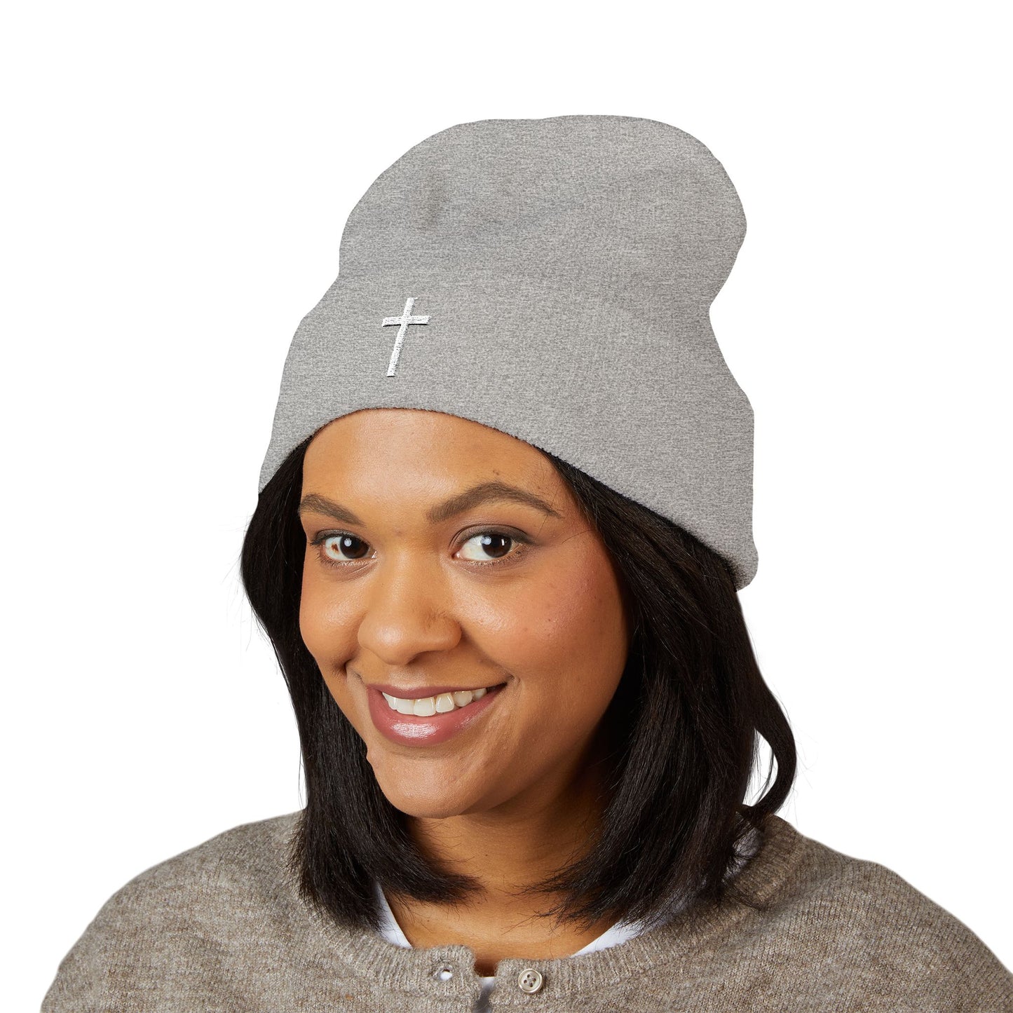 Classic White Cross Cuffed Beanie (Embroidery)