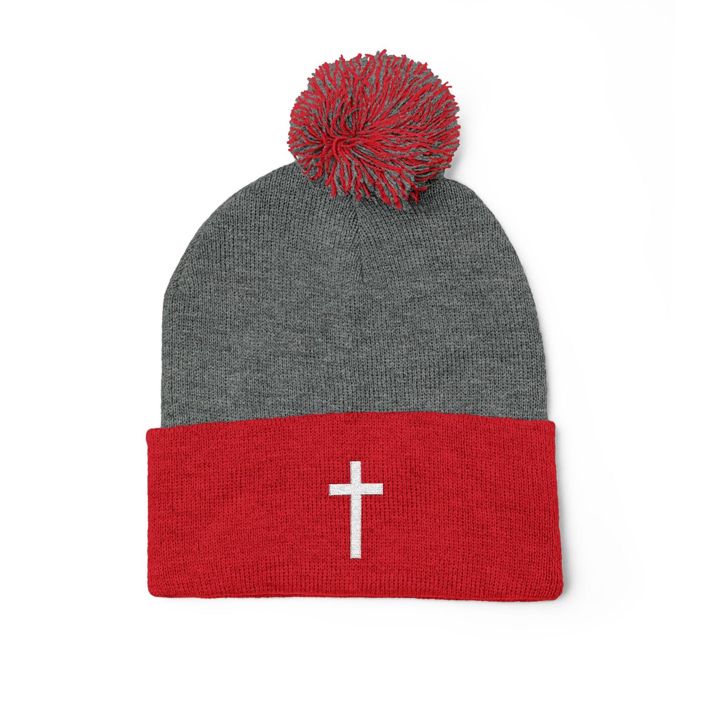 Pom-Pom White Cross Knit Cap (Embroidery)