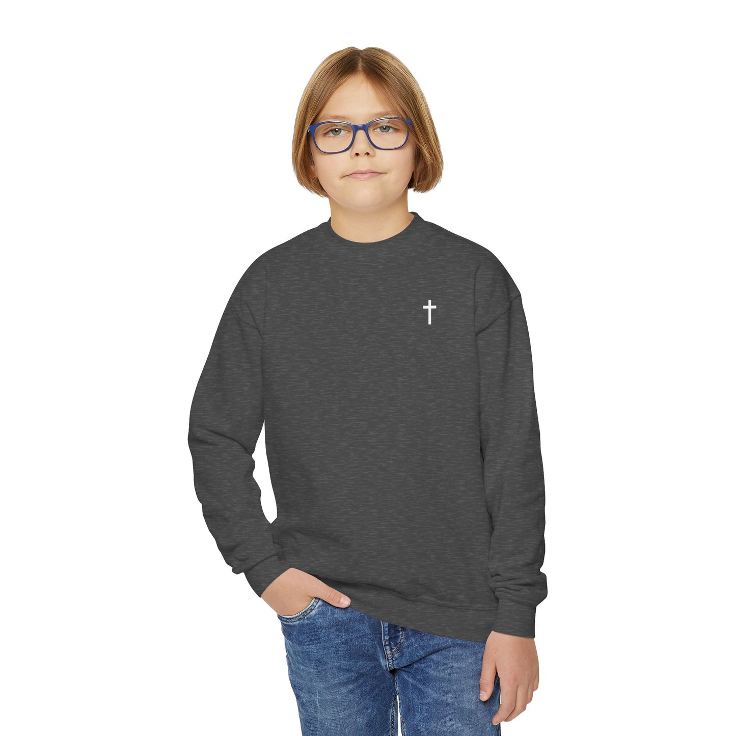 Youth Simple Christian Crewneck Sweatshirt with White Cross (Gildan Product)