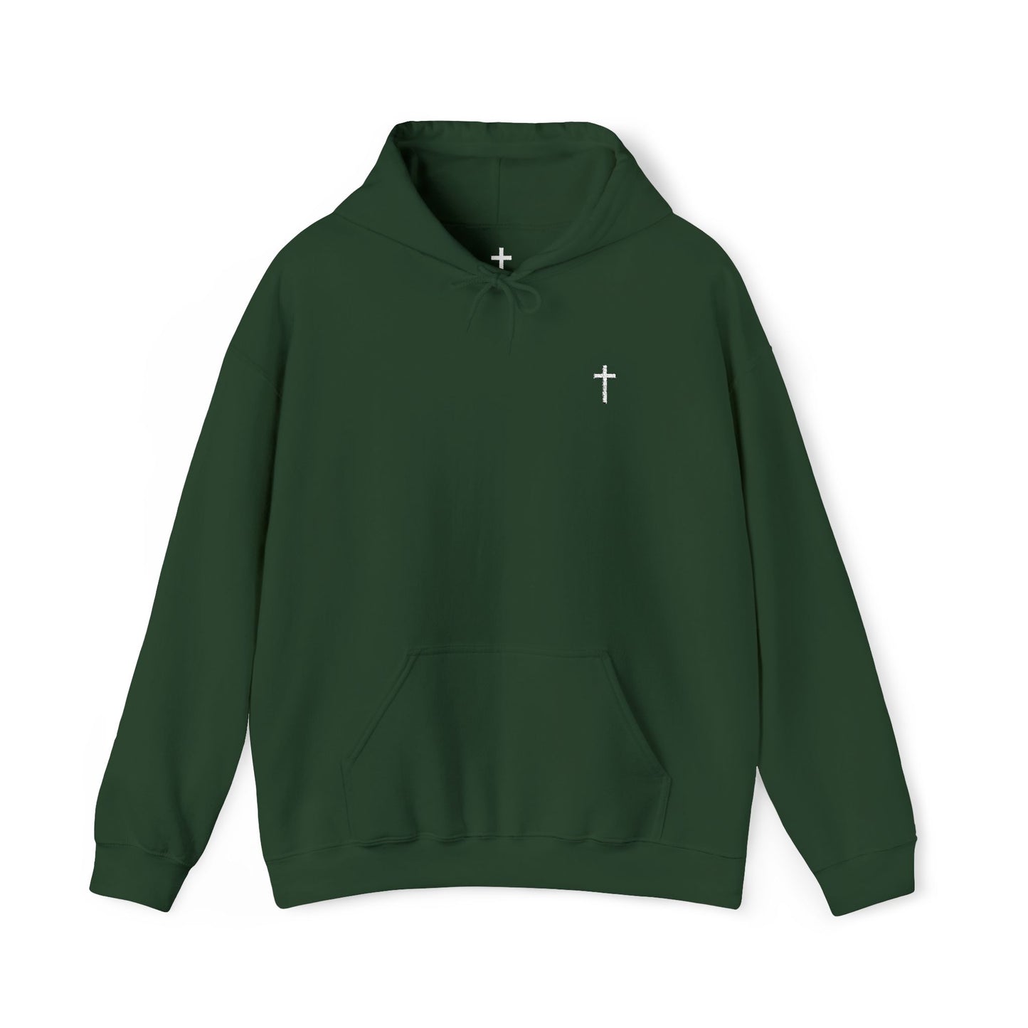 Unisex Embroidered White Cross Hooded Sweatshirt (Gildan Product)