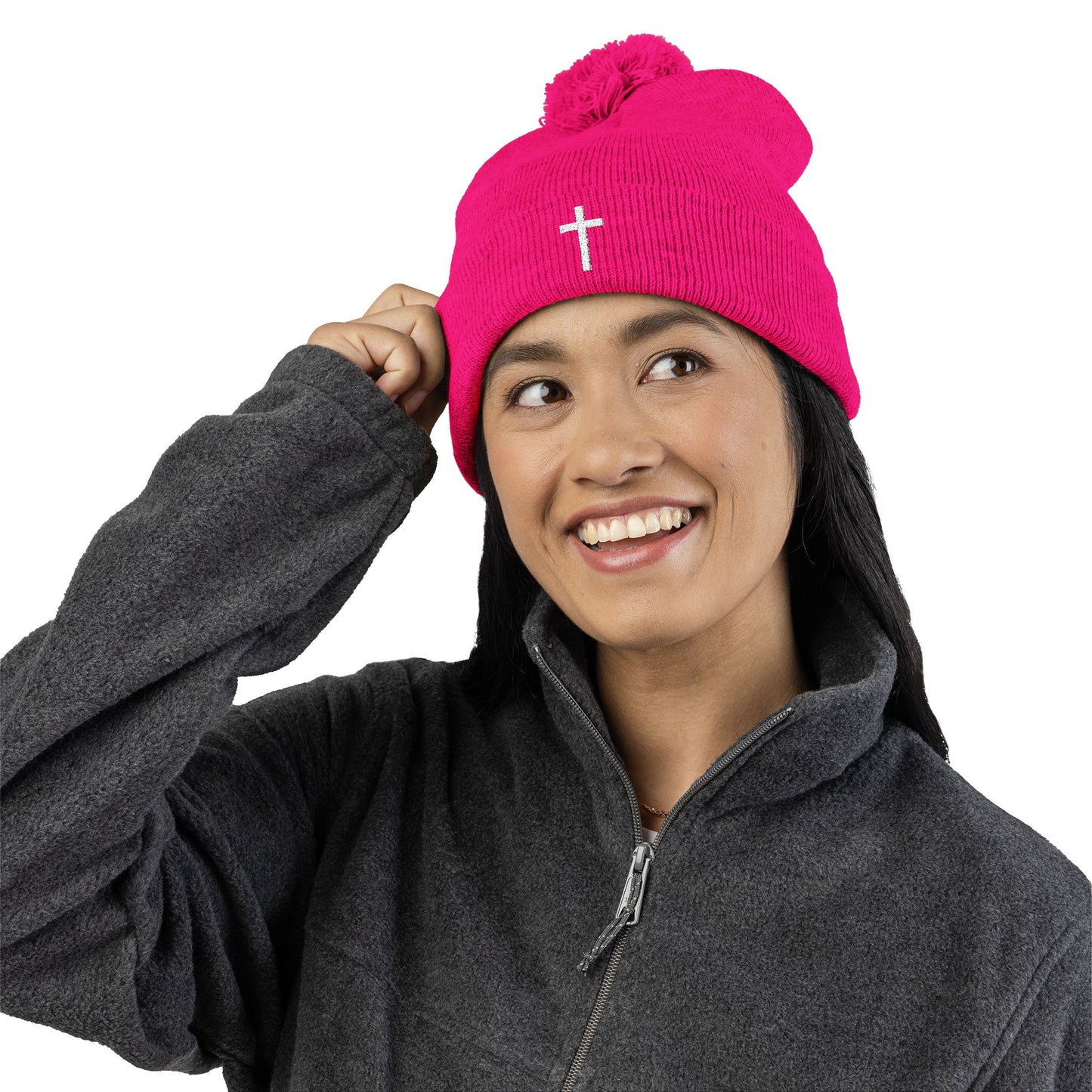 Pom-Pom White Cross Knit Cap (Embroidery)