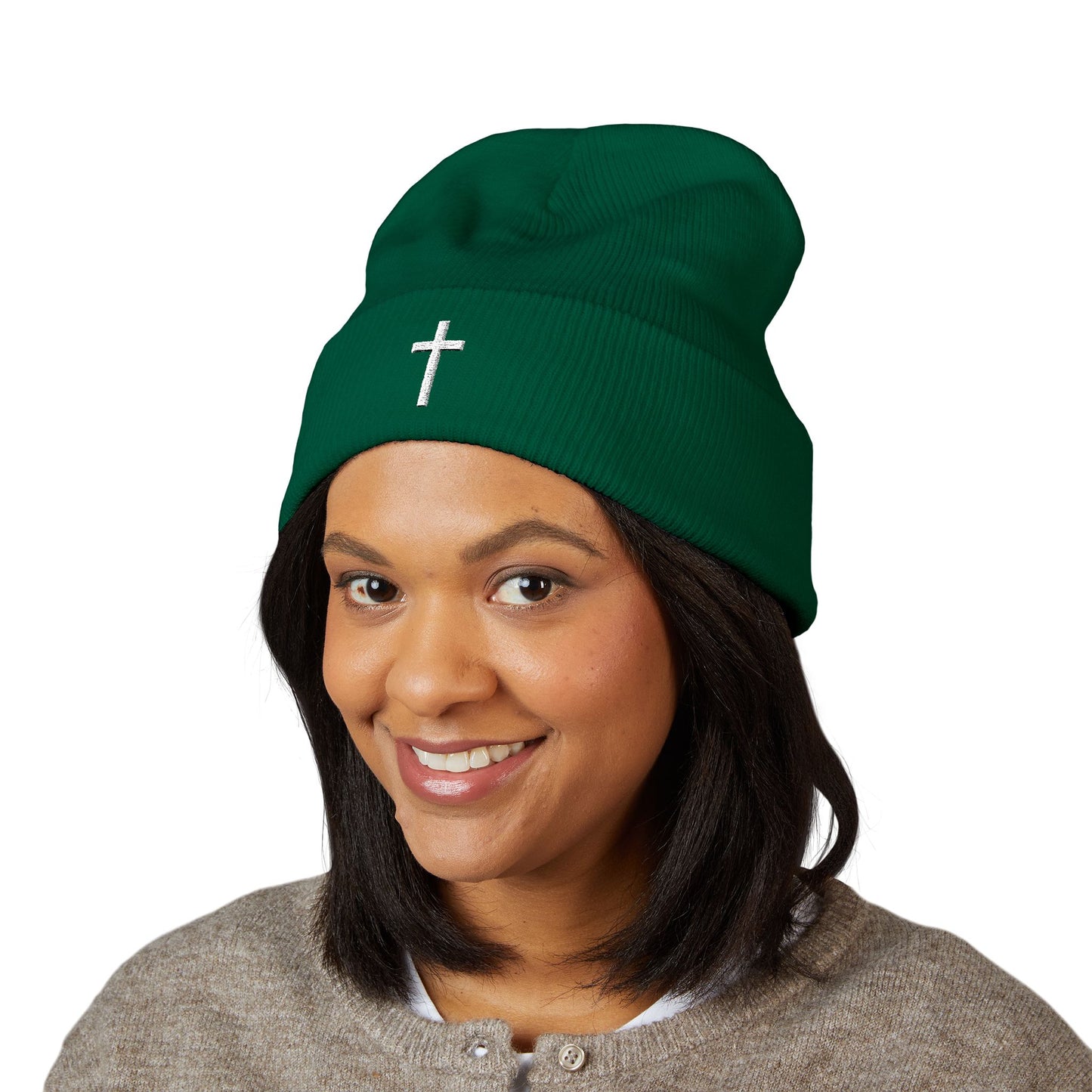 Classic White Cross Cuffed Beanie (Embroidery)