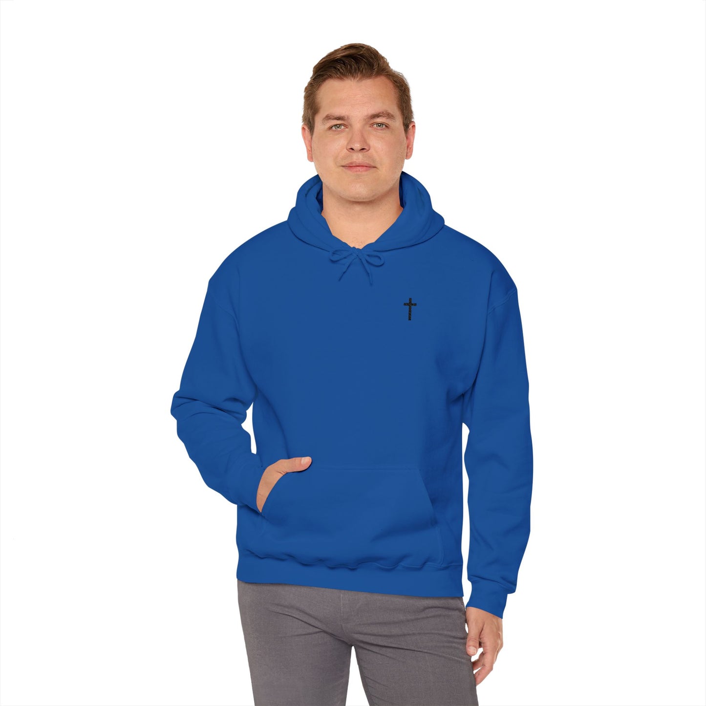 Unisex Embroidered Black Cross Hooded Sweatshirt (Gildan Product)