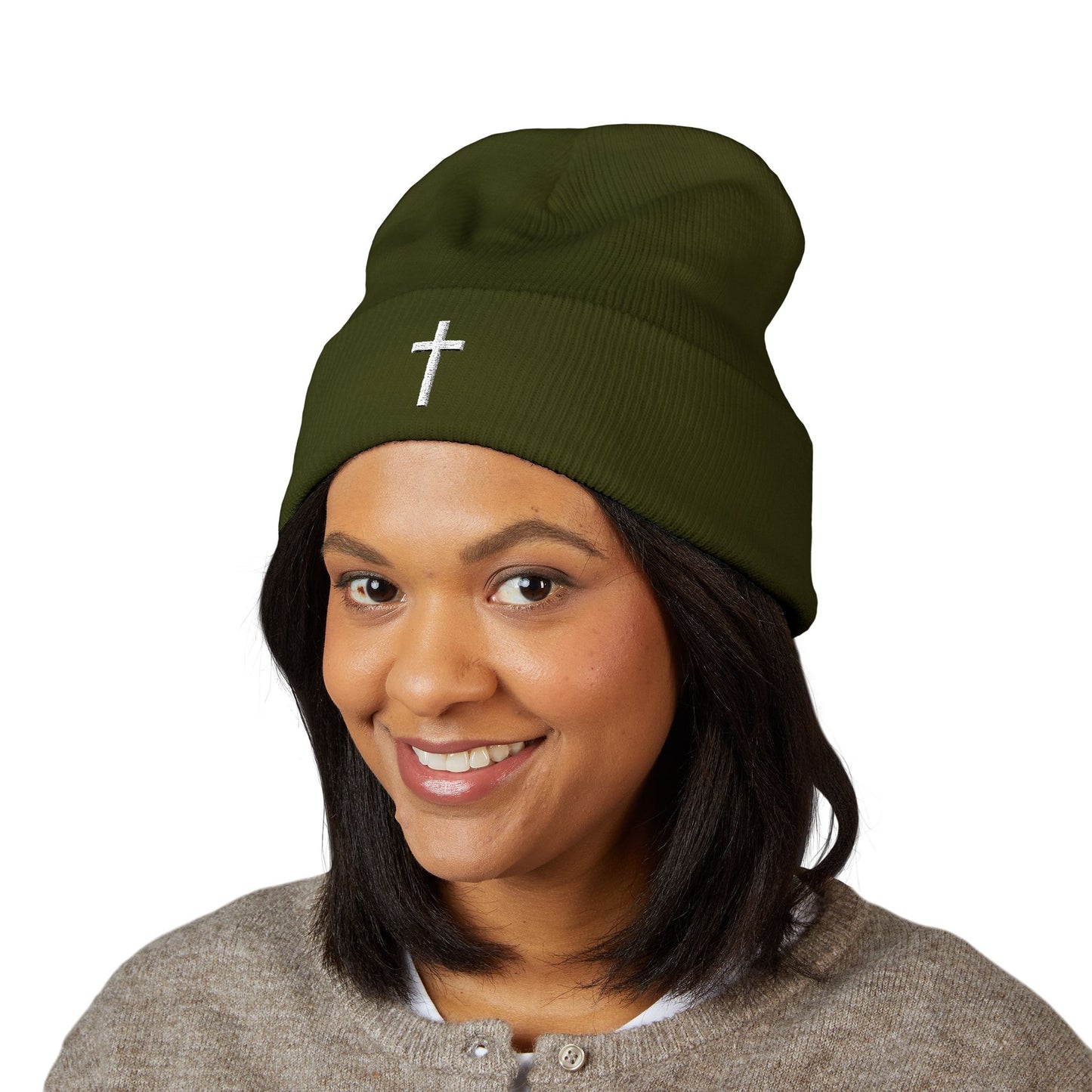 Classic White Cross Cuffed Beanie (Embroidery)