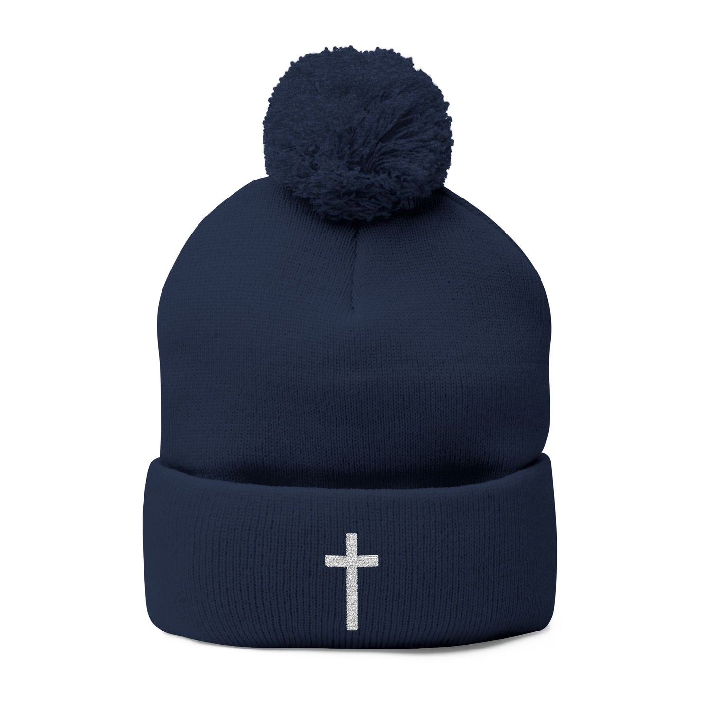 Pom-Pom White Cross Knit Cap (Embroidery)