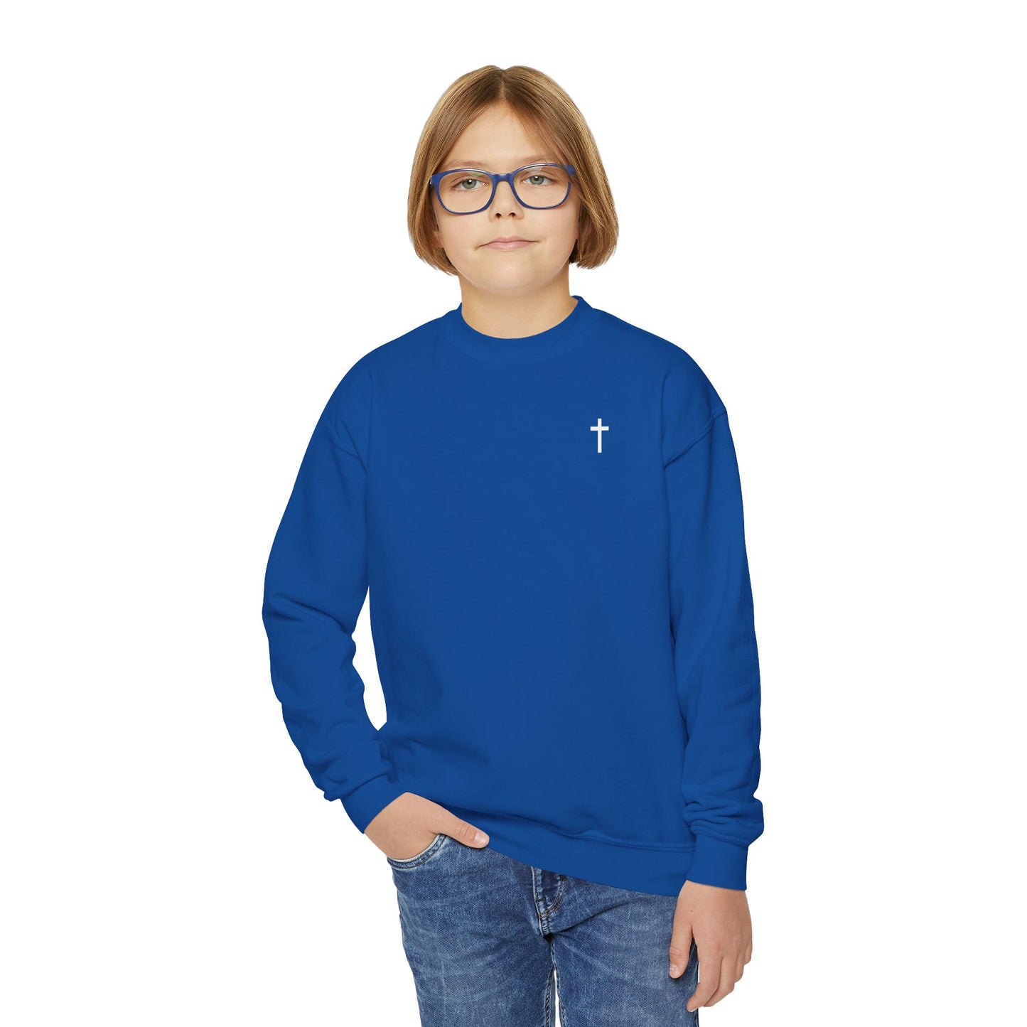 Youth Simple Christian Crewneck Sweatshirt with White Cross (Gildan Product)