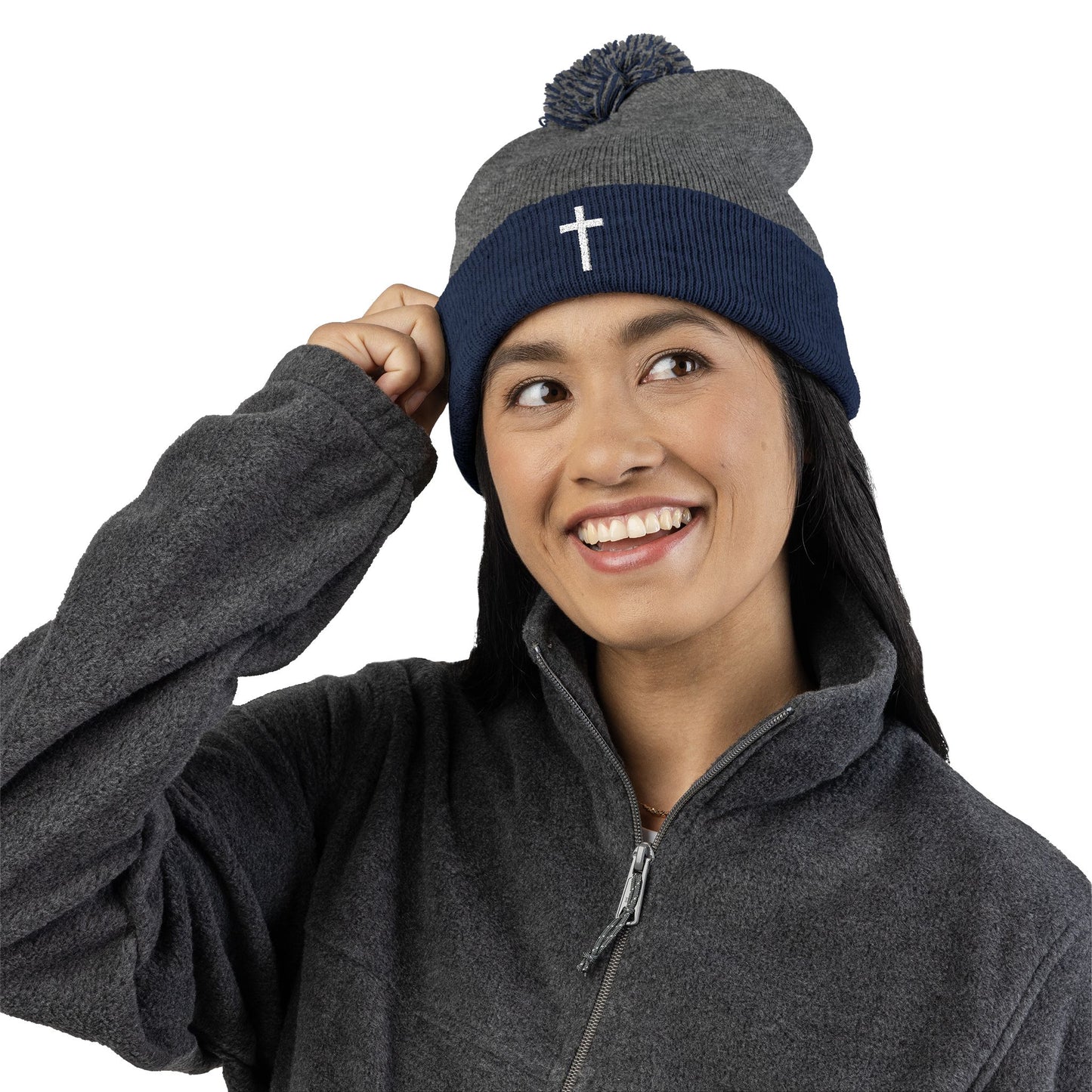 Pom-Pom White Cross Knit Cap (Embroidery)