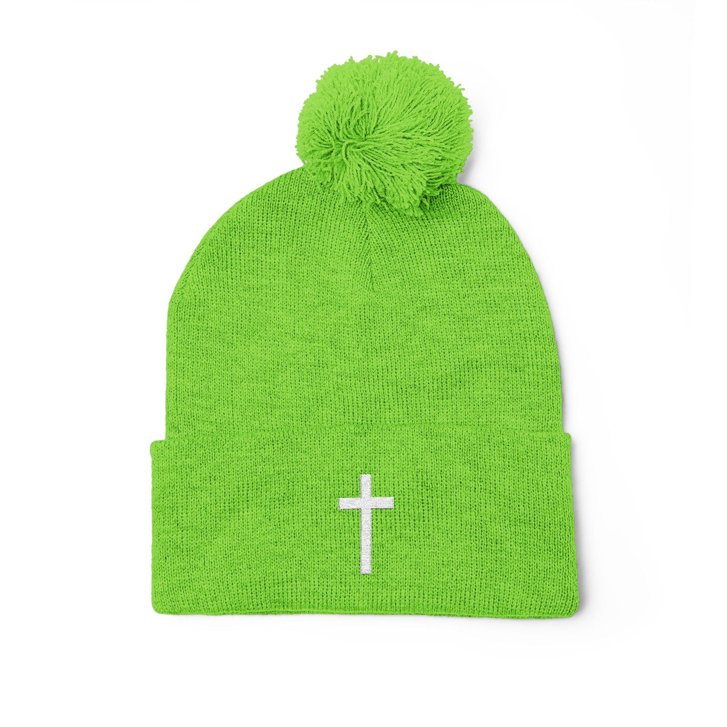 Pom-Pom White Cross Knit Cap (Embroidery)