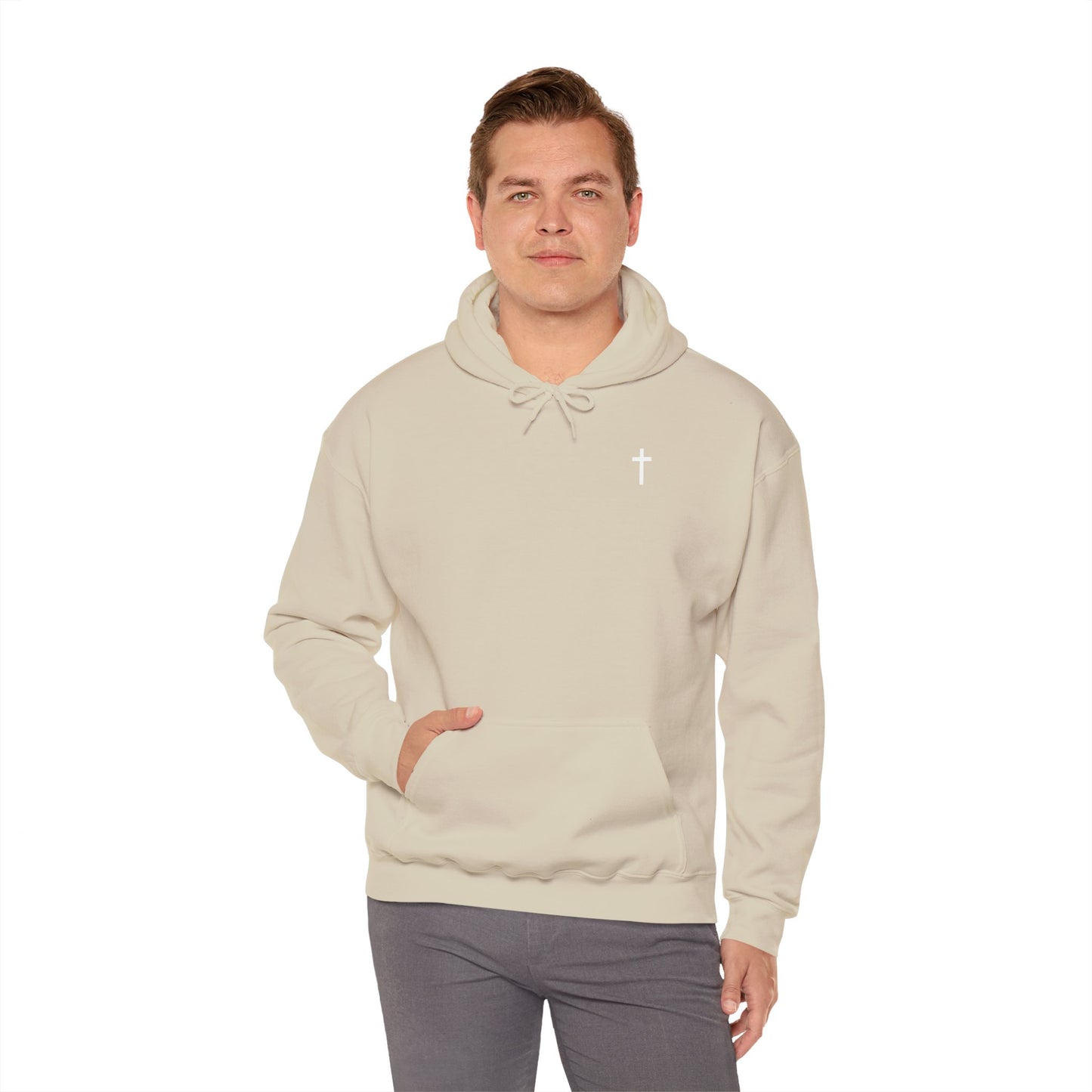 Unisex Christian Hooded Sweatshirt with White Cross (Gildan Product)