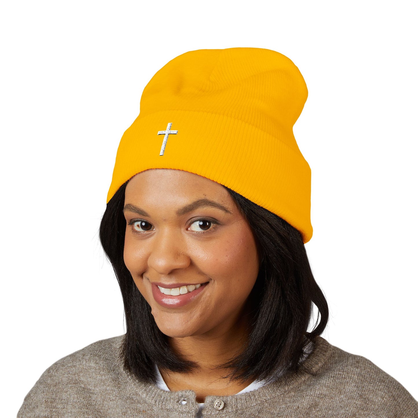 Classic White Cross Cuffed Beanie (Embroidery)