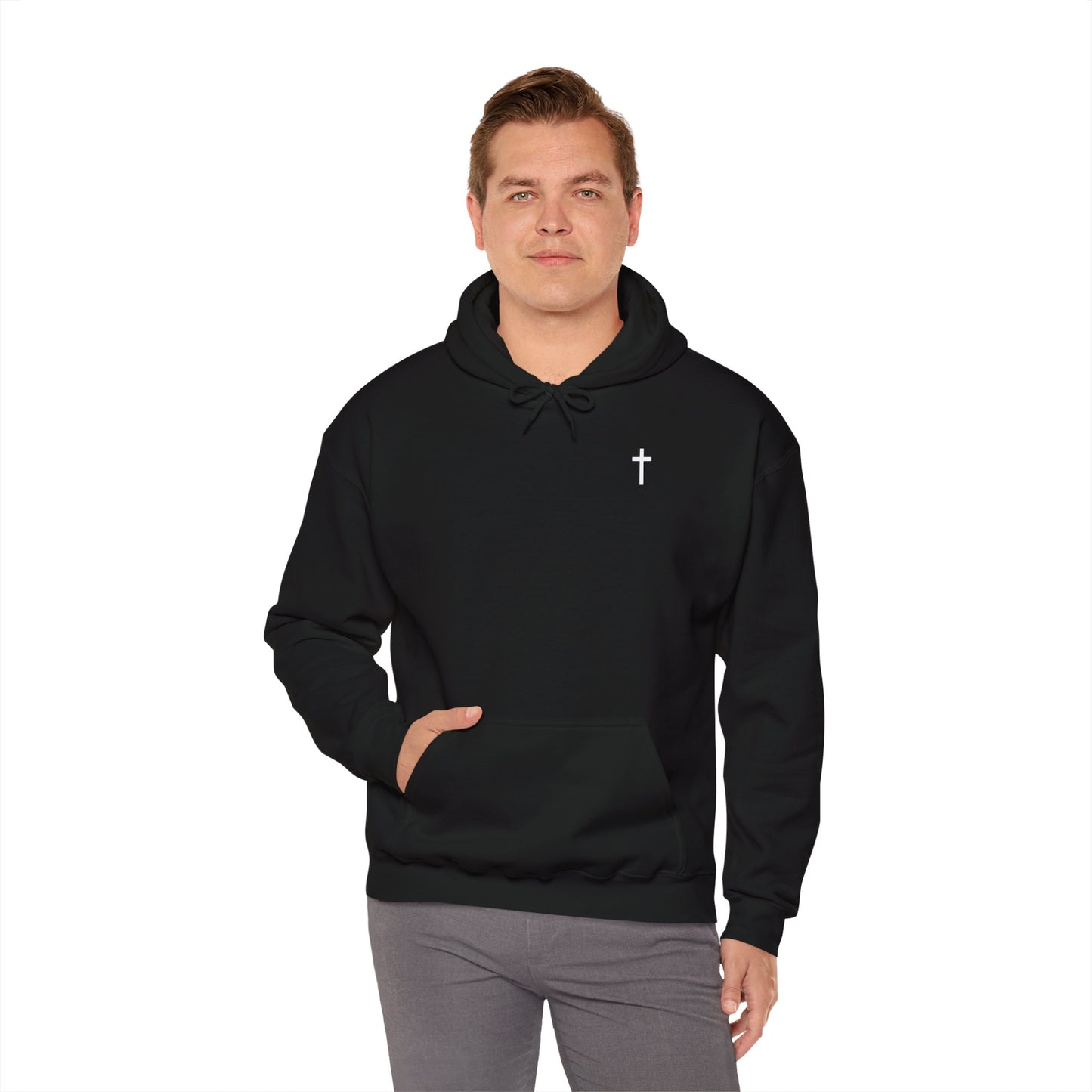 Unisex Christian Hooded Sweatshirt with White Cross (Gildan Product)